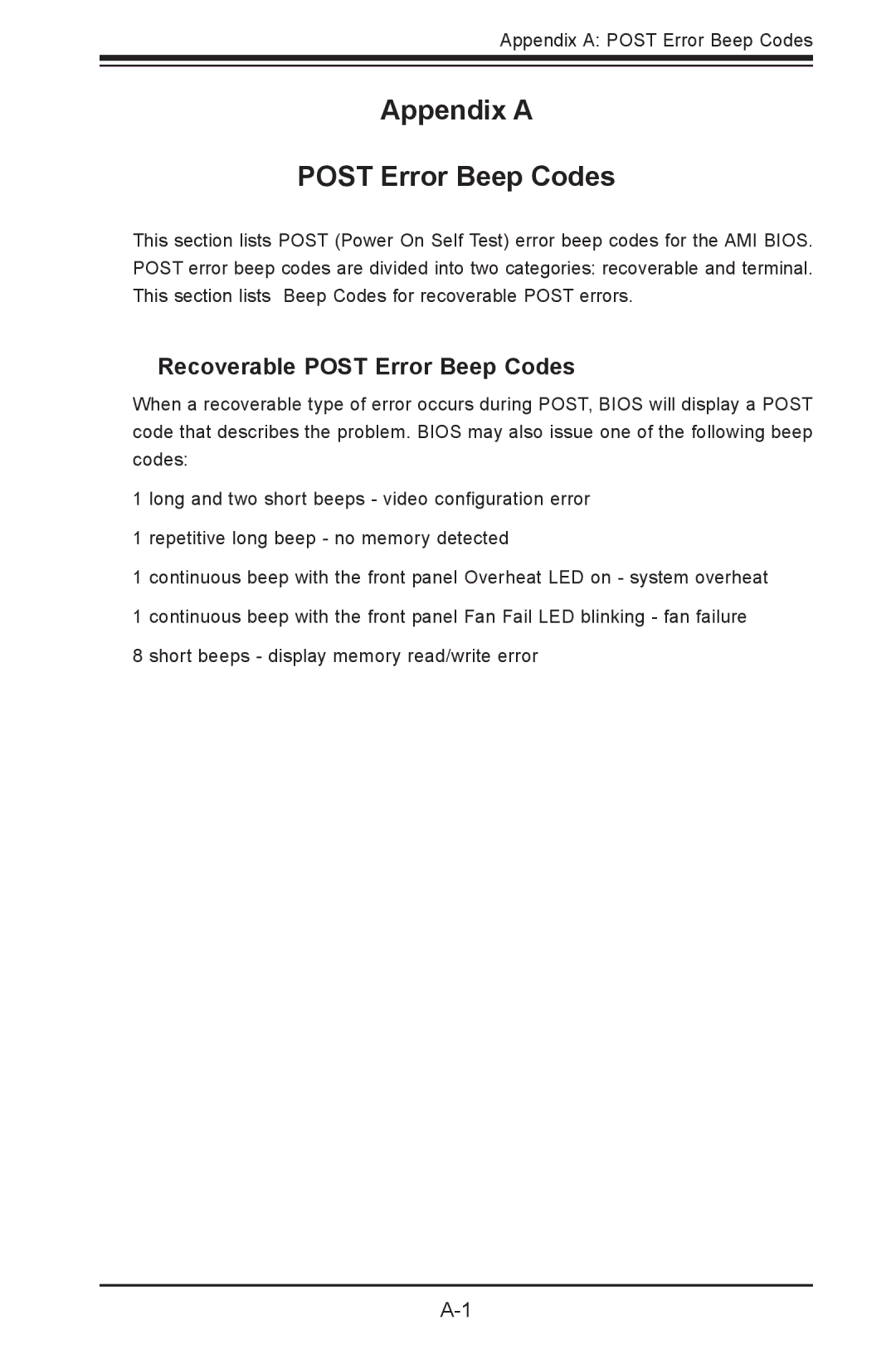 SUPER MICRO Computer 5017P-TLN4F, 5017P-TF user manual Appendix a Post Error Beep Codes, Recoverable Post Error Beep Codes 