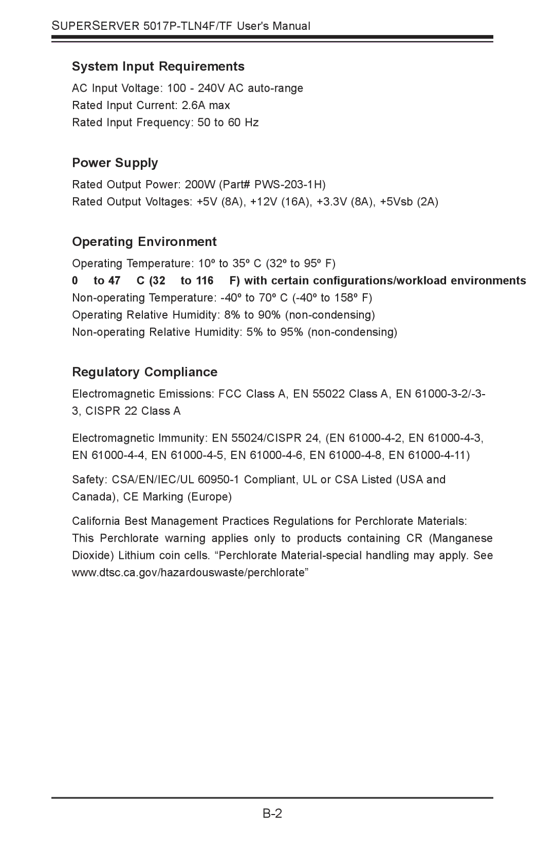 SUPER MICRO Computer 5017P-TF, 5017P-TLN4F user manual System Input Requirements 