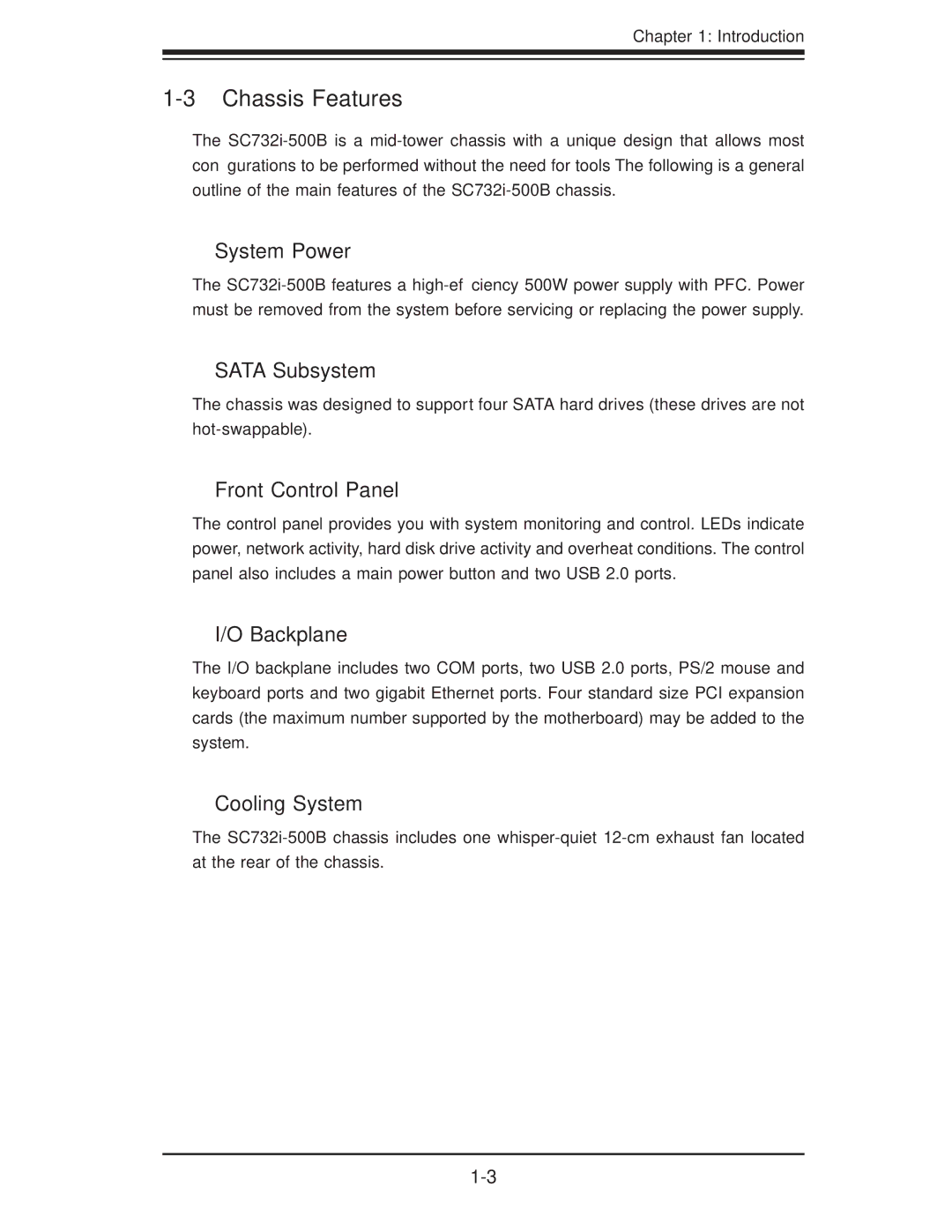 SUPER MICRO Computer 5037C-T user manual Chassis Features 