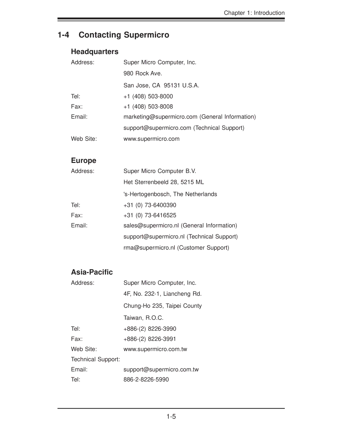 SUPER MICRO Computer 5037C-T user manual Contacting Supermicro, Headquarters, Europe, Asia-Paciﬁc 