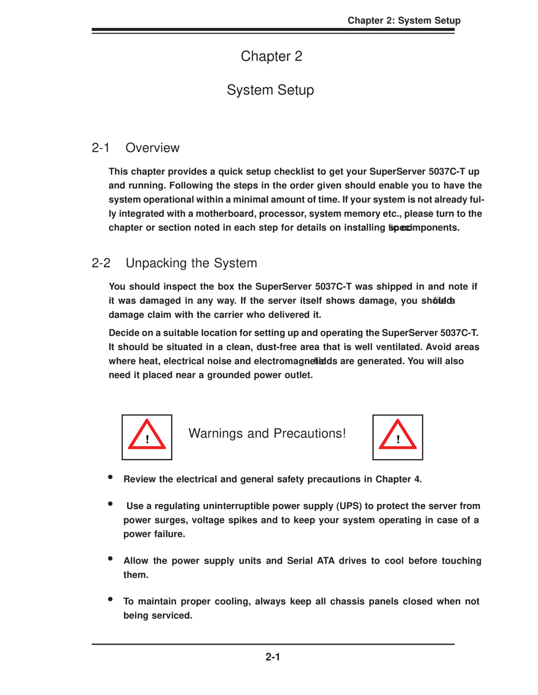 SUPER MICRO Computer 5037C-T user manual Chapter System Setup, Unpacking the System 