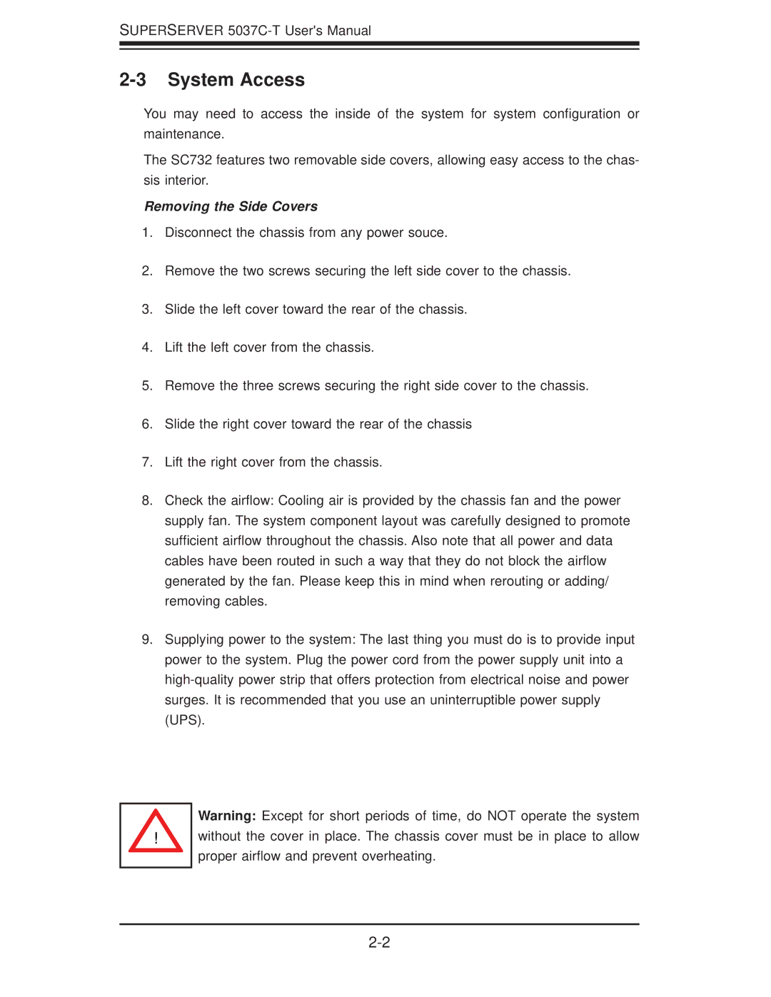 SUPER MICRO Computer 5037C-T user manual System Access, Removing the Side Covers 