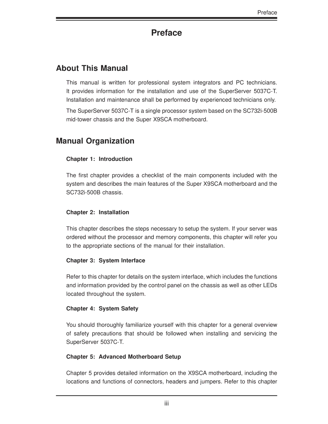 SUPER MICRO Computer 5037C-T user manual Preface, About This Manual, Manual Organization 