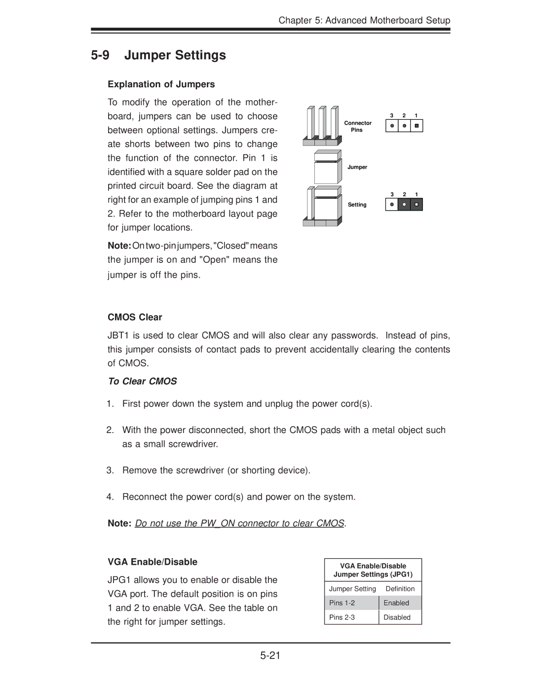 SUPER MICRO Computer 5037C-T Jumper Settings, Explanation of Jumpers, Cmos Clear, To Clear Cmos, VGA Enable/Disable 