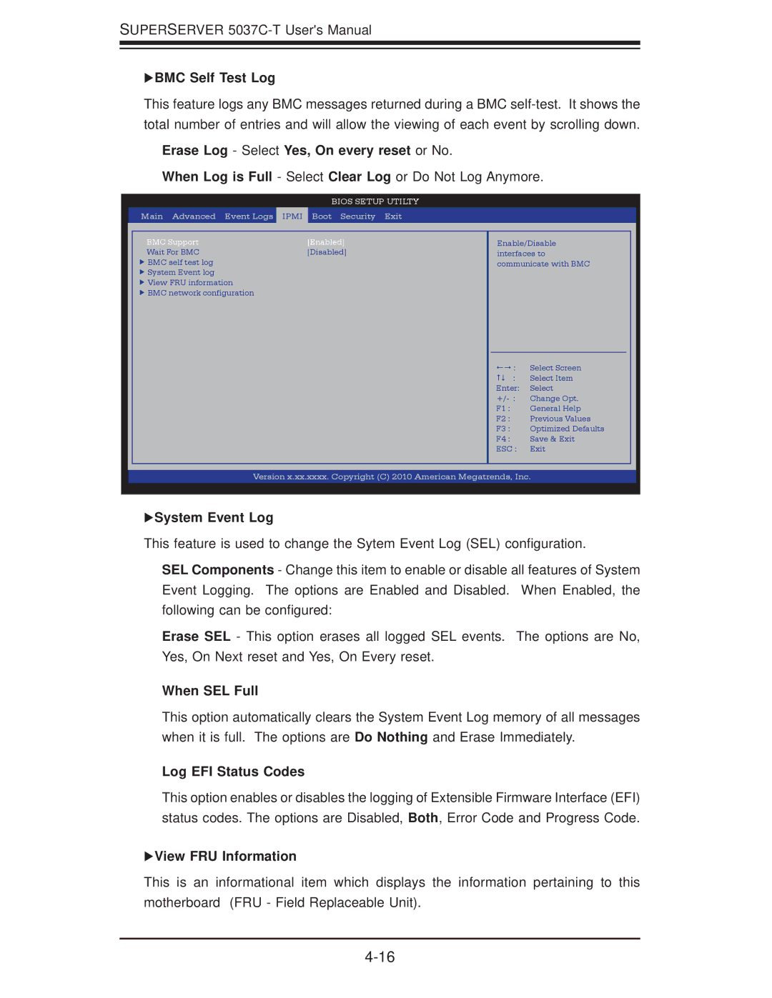 SUPER MICRO Computer 5037C-T user manual BMC Self Test Log, Erase Log Select Yes, On every reset or No, System Event Log 