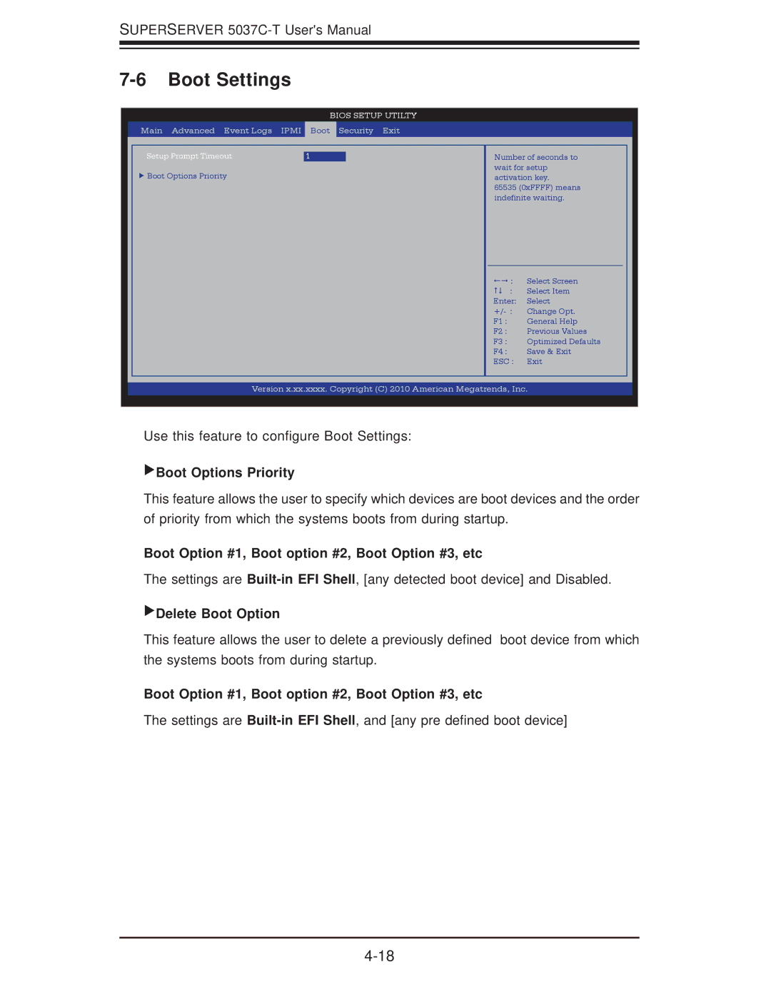 SUPER MICRO Computer 5037C-T Boot Settings, Boot Options Priority, Boot Option #1, Boot option #2, Boot Option #3, etc 