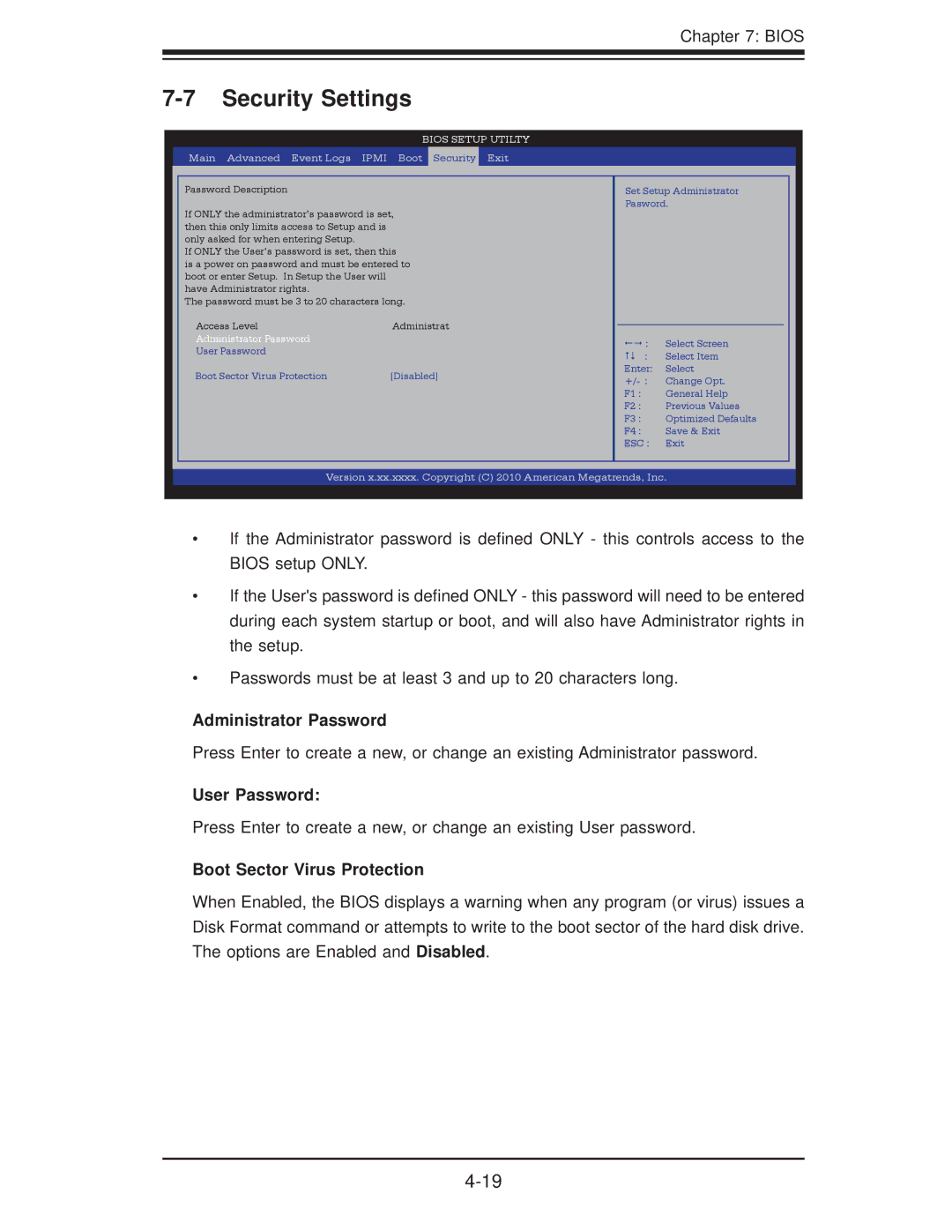 SUPER MICRO Computer 5037C-T Security Settings, Administrator Password, User Password, Boot Sector Virus Protection 