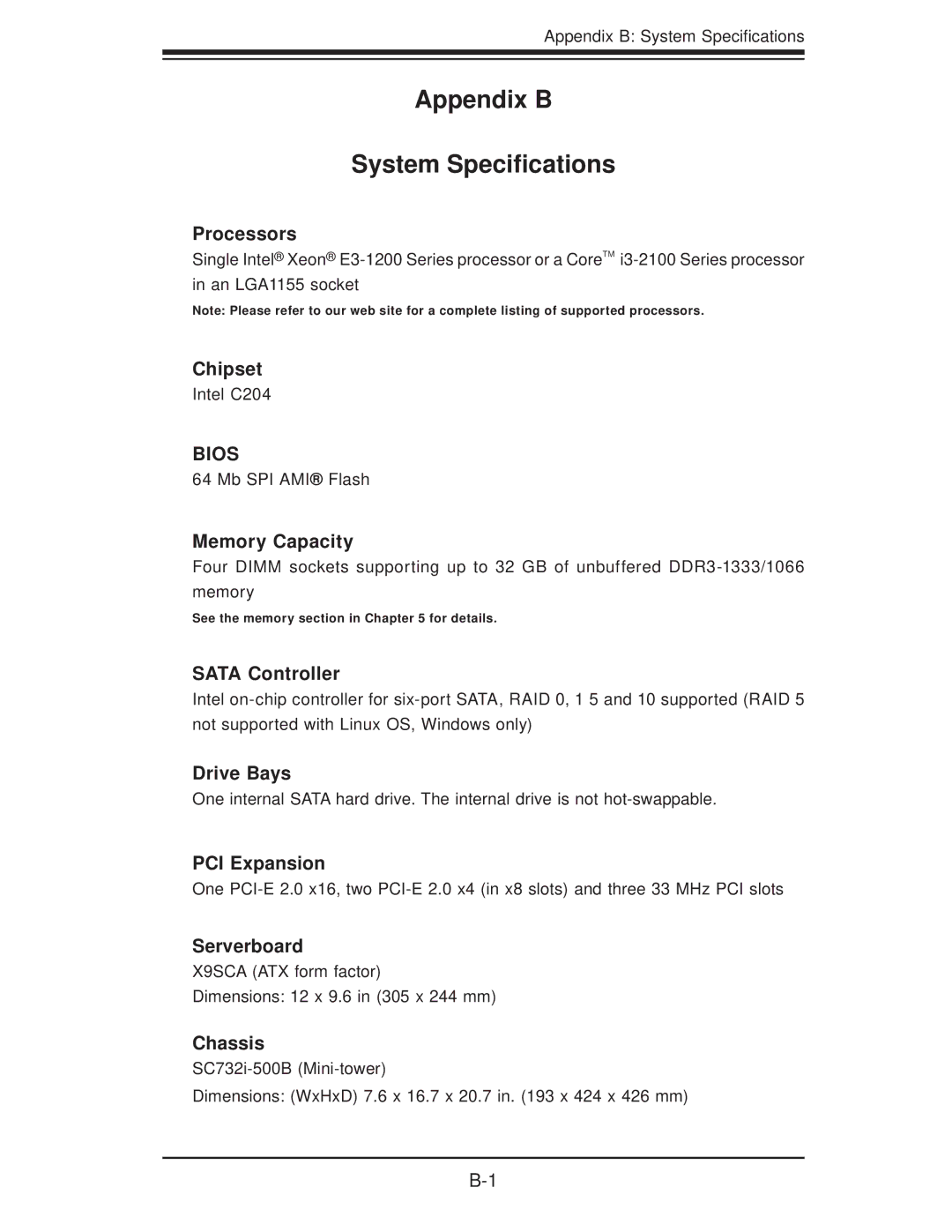 SUPER MICRO Computer 5037C-T user manual Appendix B System Speciﬁcations, Processors 