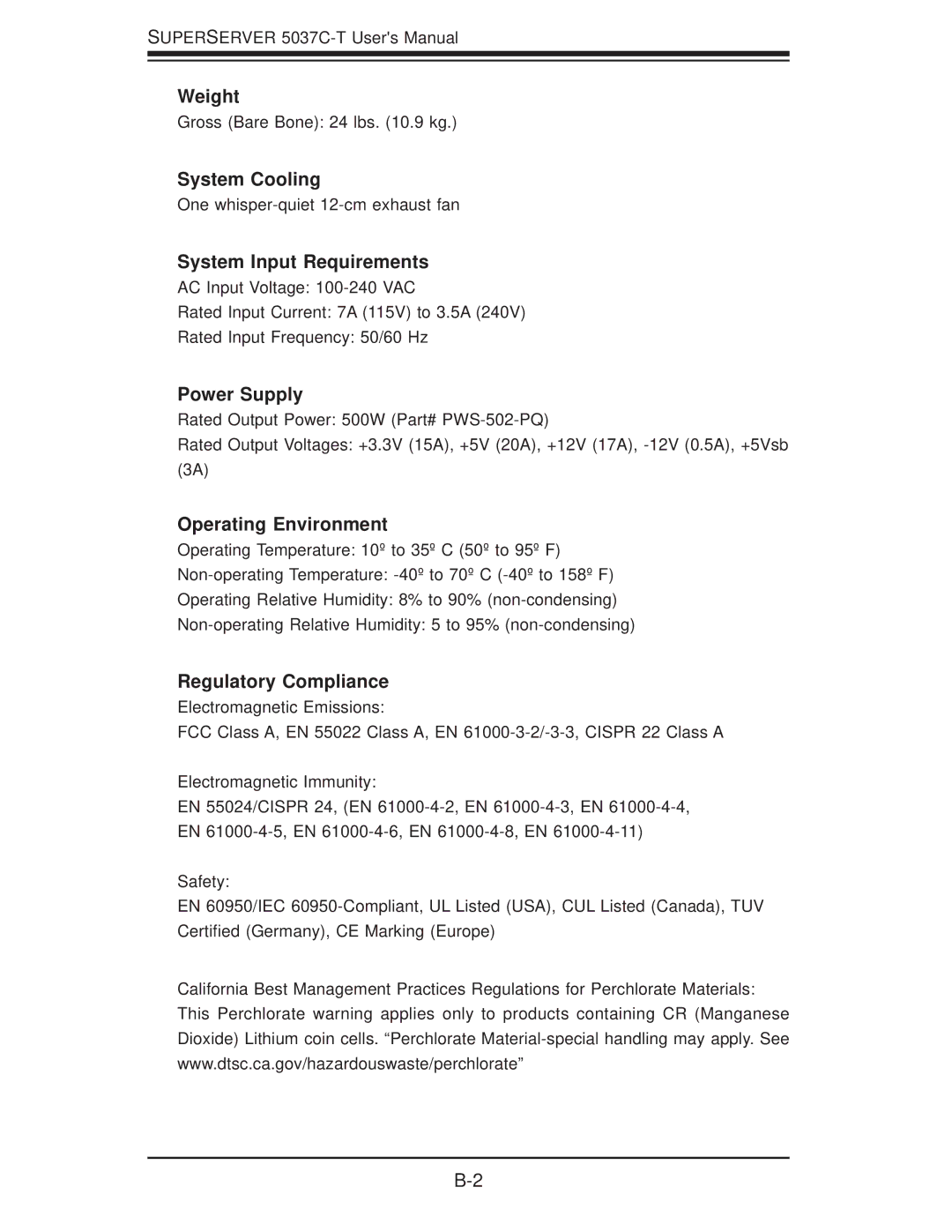 SUPER MICRO Computer 5037C-T user manual Weight 