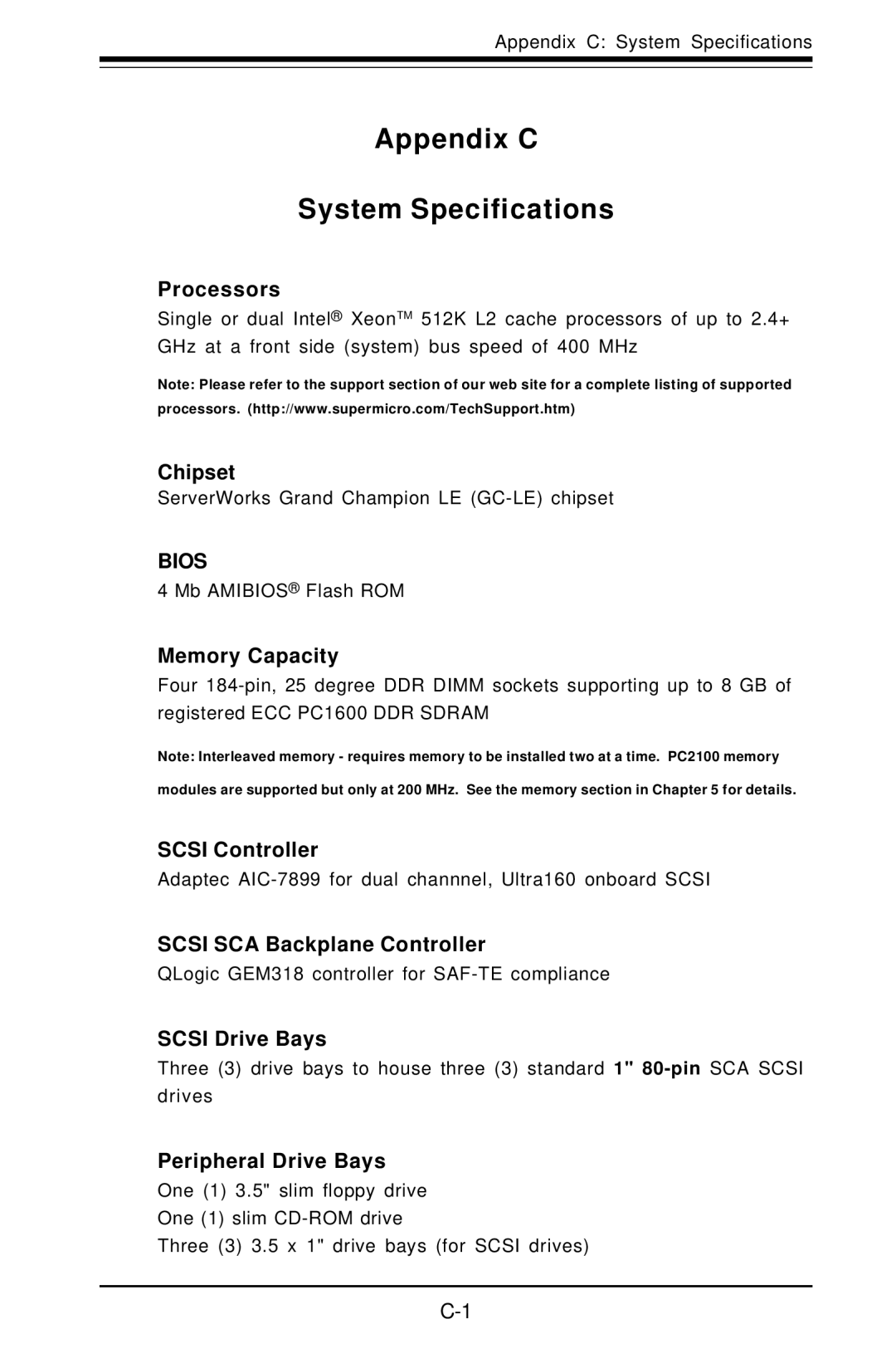 SUPER MICRO Computer 6012L-6 user manual Appendix C System Specifications 