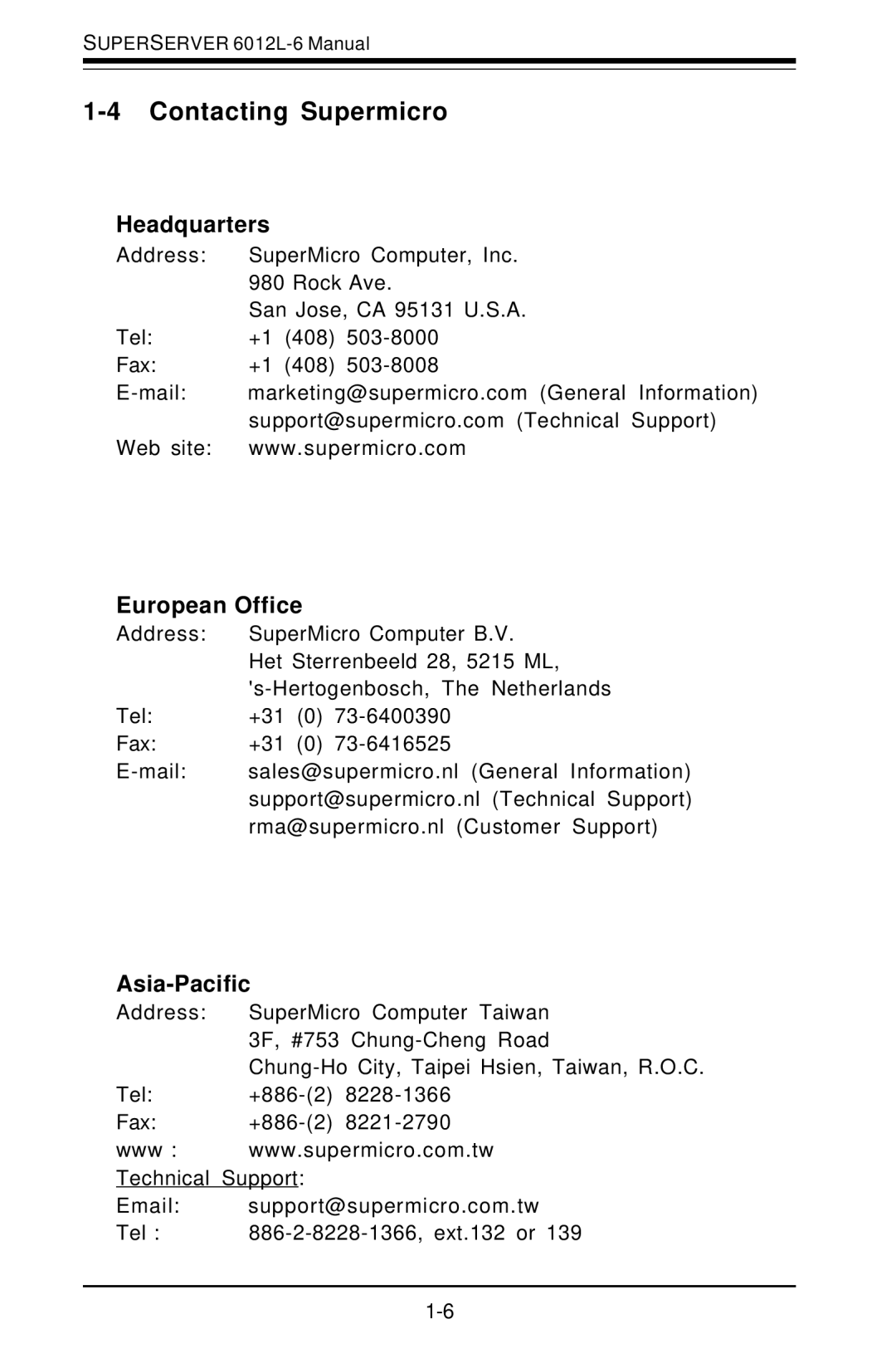 SUPER MICRO Computer 6012L-6 user manual Contacting Supermicro, Headquarters, European Office, Asia-Pacific 