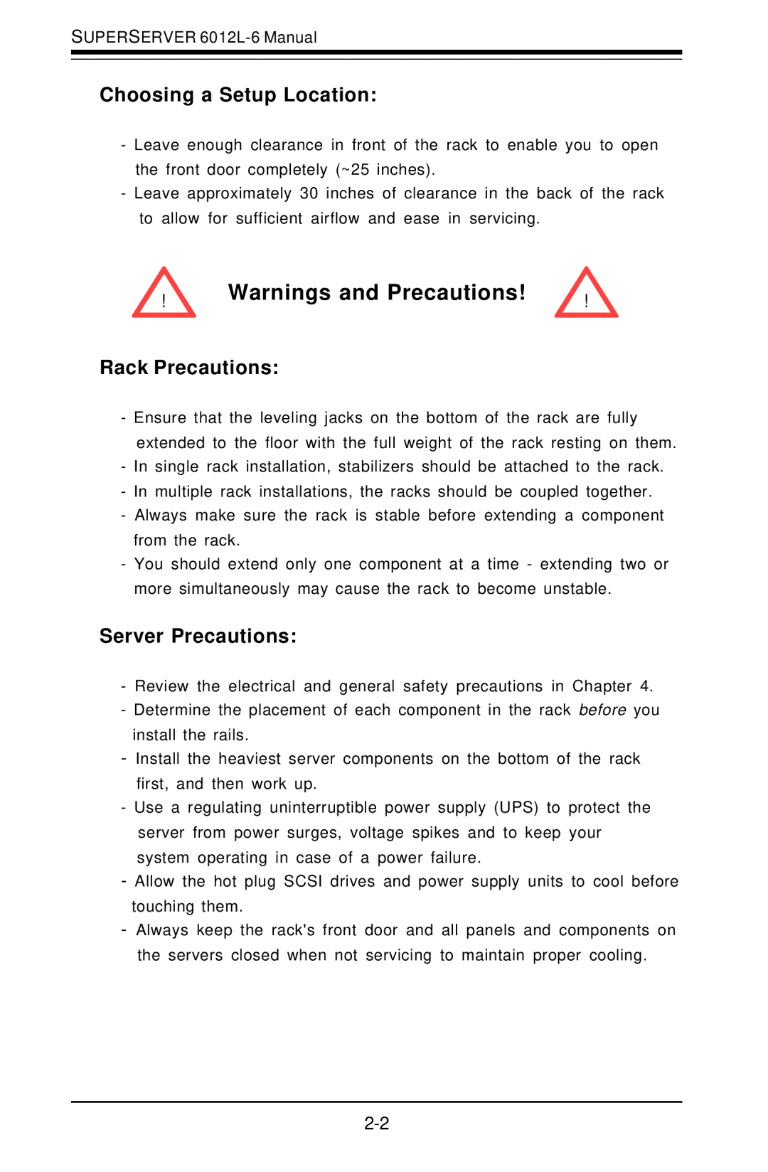 SUPER MICRO Computer 6012L-6 user manual Choosing a Setup Location, Rack Precautions, Server Precautions 