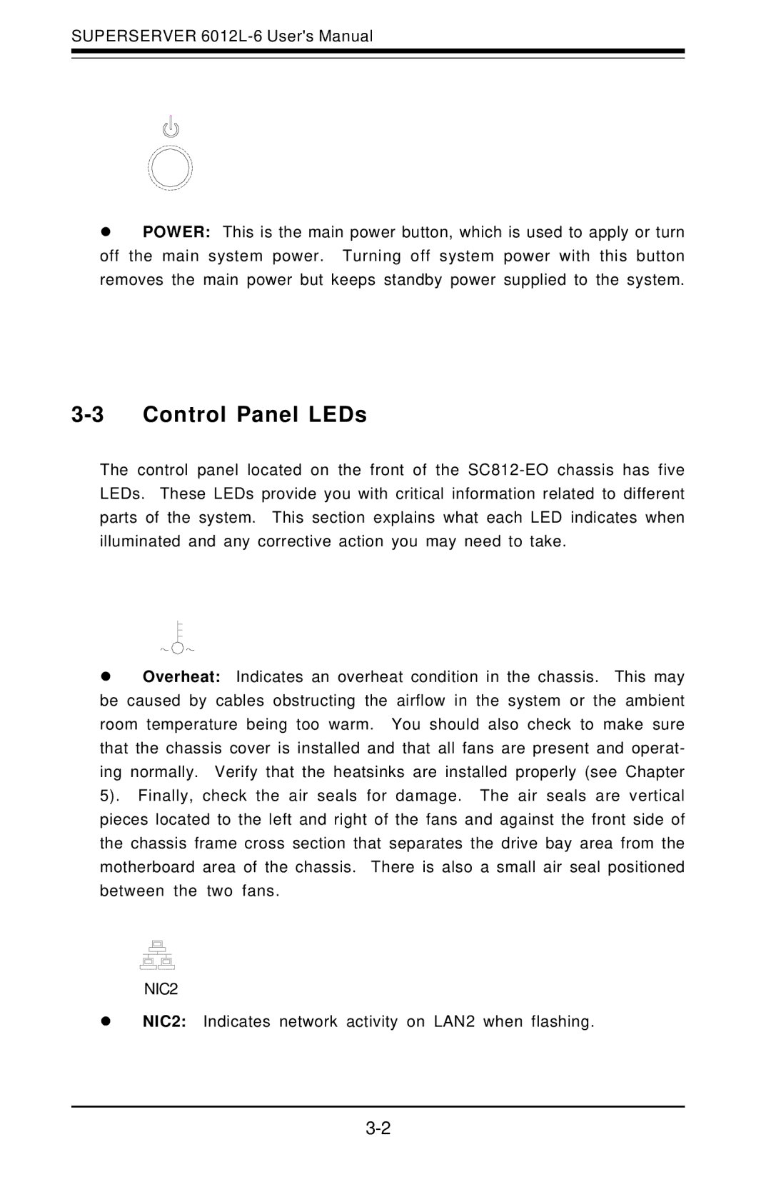 SUPER MICRO Computer 6012L-6 user manual Control Panel LEDs 