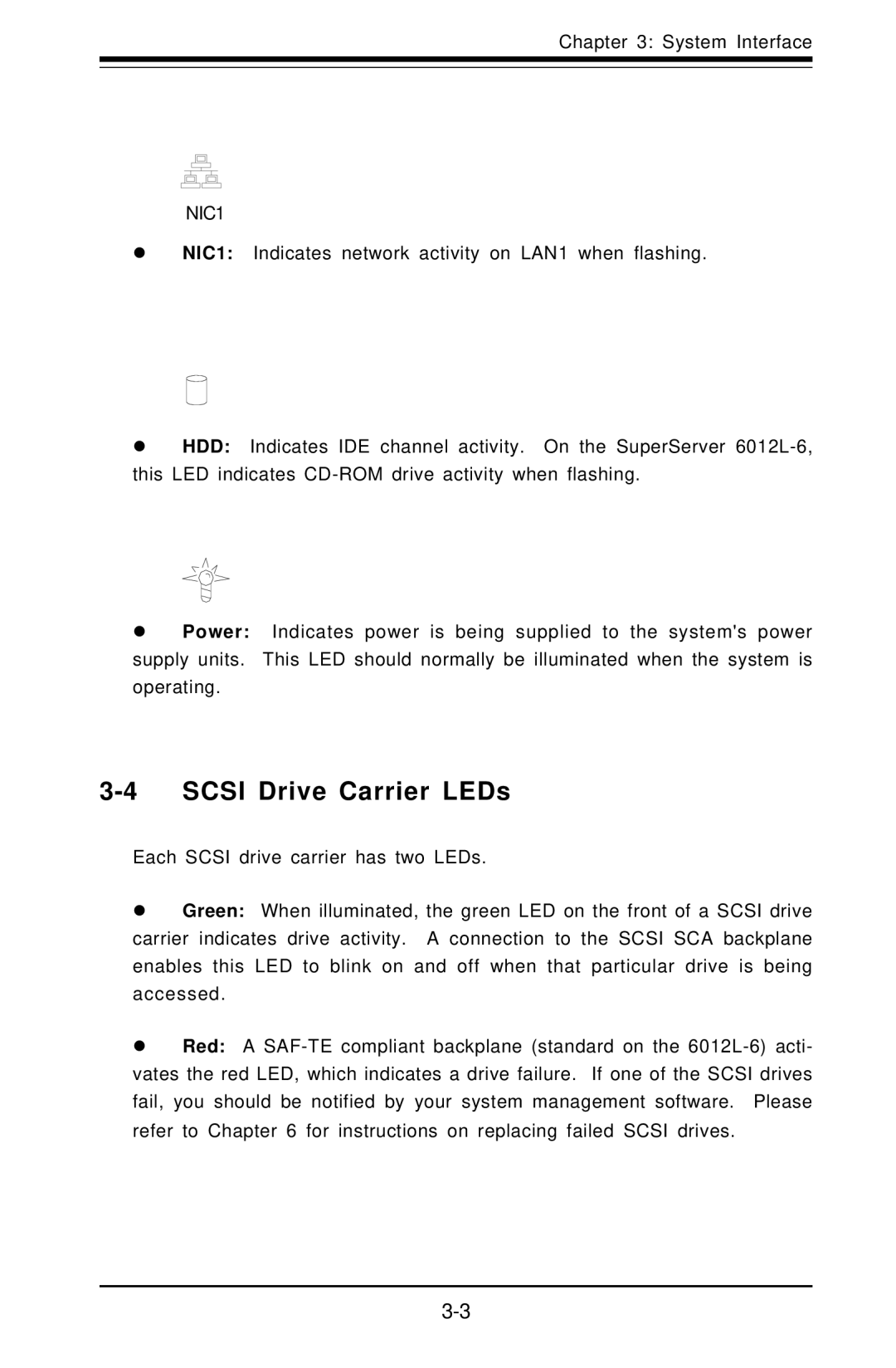 SUPER MICRO Computer 6012L-6 user manual Scsi Drive Carrier LEDs 