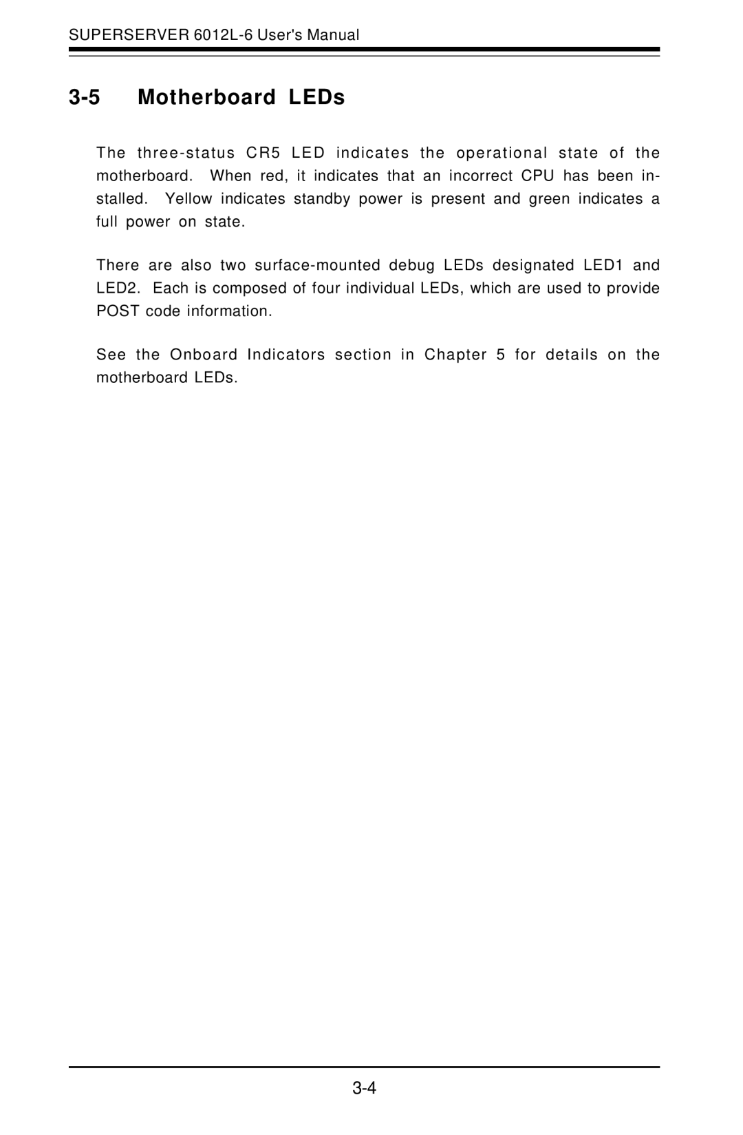 SUPER MICRO Computer 6012L-6 user manual Motherboard LEDs 