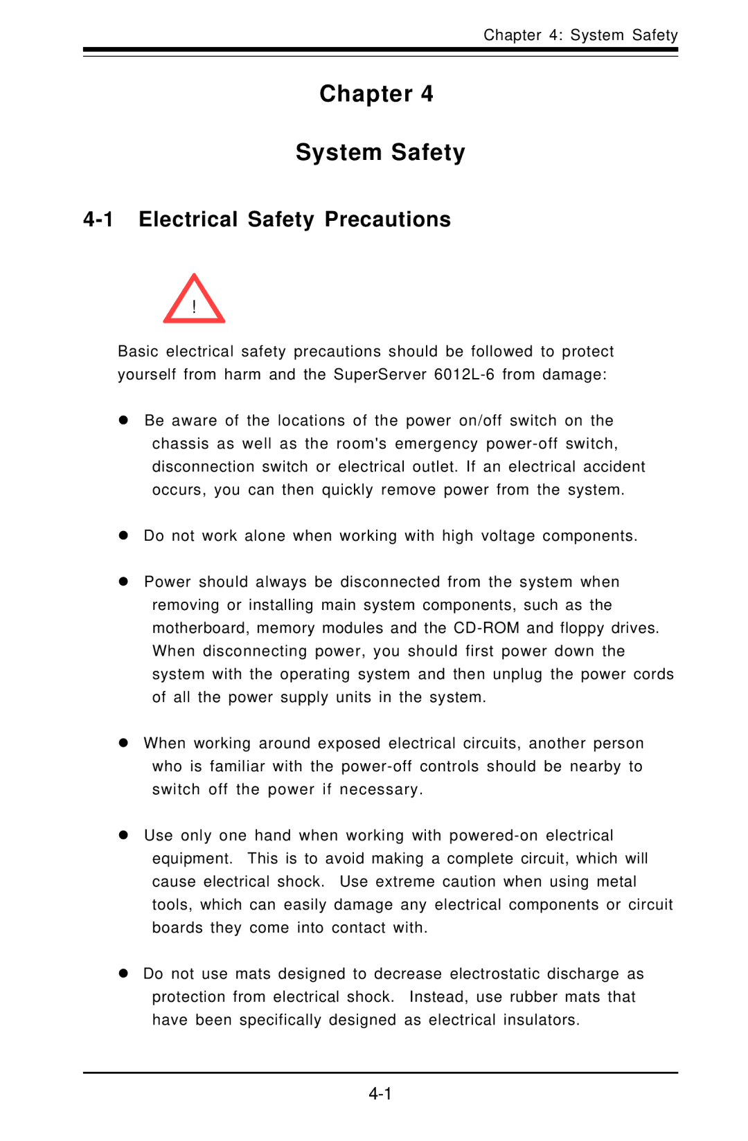 SUPER MICRO Computer 6012L-6 user manual Chapter System Safety, Electrical Safety Precautions 