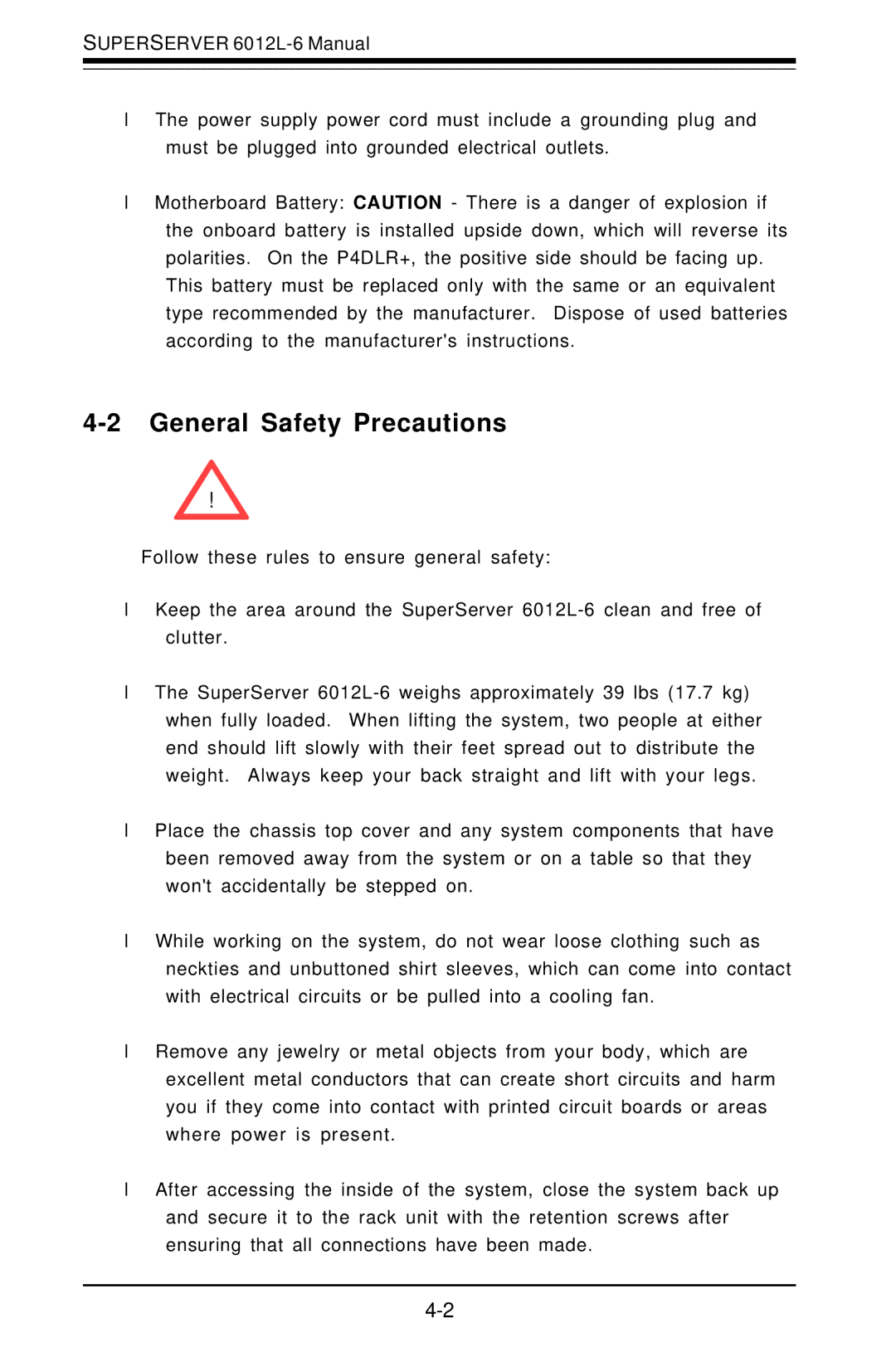 SUPER MICRO Computer 6012L-6 user manual General Safety Precautions 