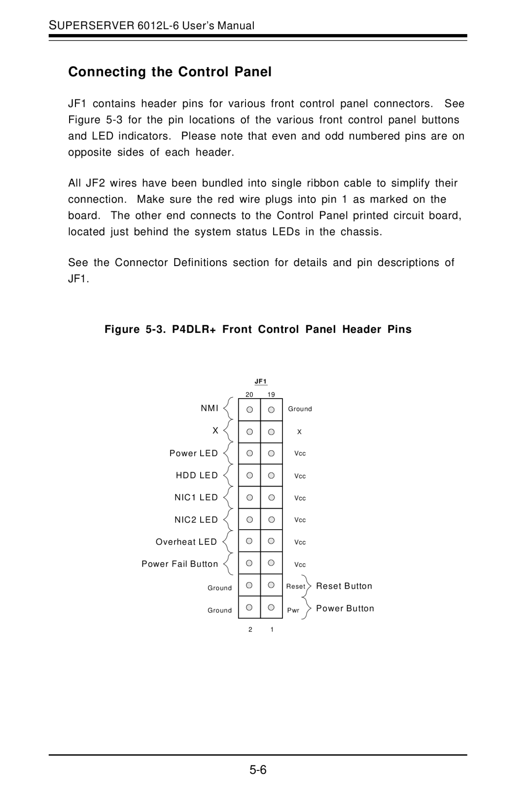 SUPER MICRO Computer 6012L-6 user manual Connecting the Control Panel, P4DLR+ Front Control Panel Header Pins 