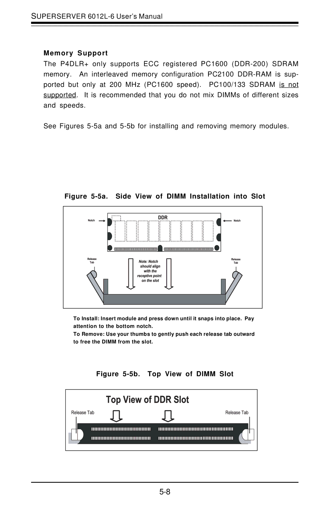 SUPER MICRO Computer 6012L-6 user manual Memory Support, Side View of Dimm Installation into Slot 