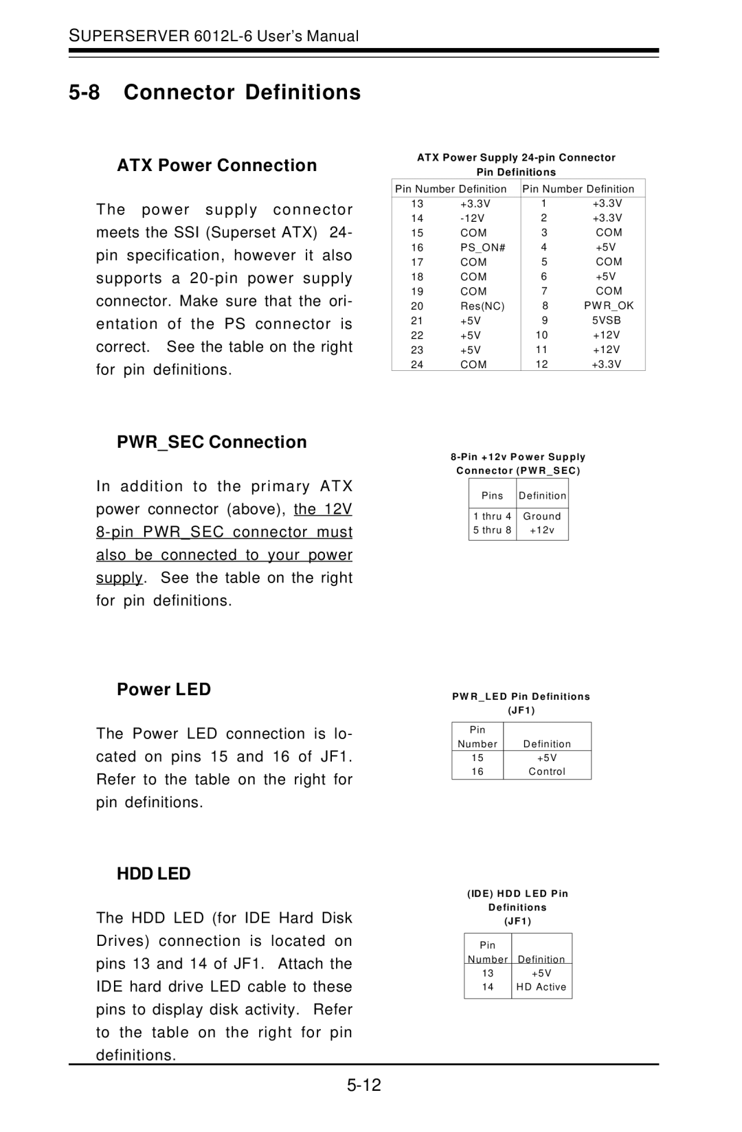 SUPER MICRO Computer 6012L-6 user manual Connector Definitions, ATX Power Connection, Pwrsec Connection, Power LED 