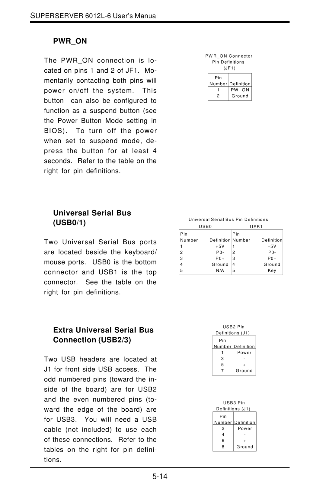 SUPER MICRO Computer 6012L-6 user manual Universal Serial Bus USB0/1, Extra Universal Serial Bus Connection USB2/3 