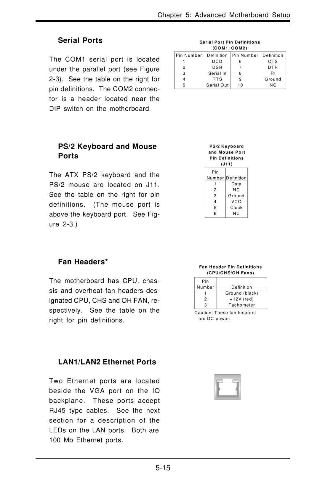 SUPER MICRO Computer 6012L-6 user manual Serial Ports, PS/2 Keyboard and Mouse Ports, Fan Headers, LAN1/LAN2 Ethernet Ports 