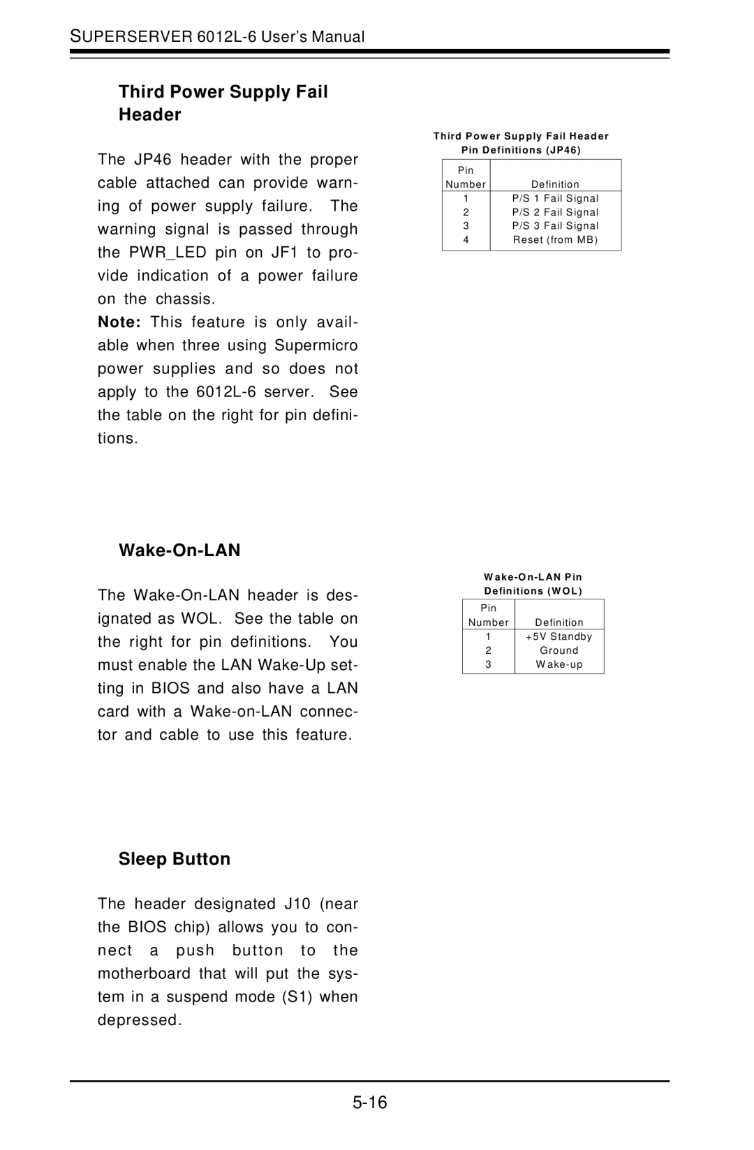 SUPER MICRO Computer 6012L-6 user manual Third Power Supply Fail Header, Wake-On-LAN, Sleep Button 