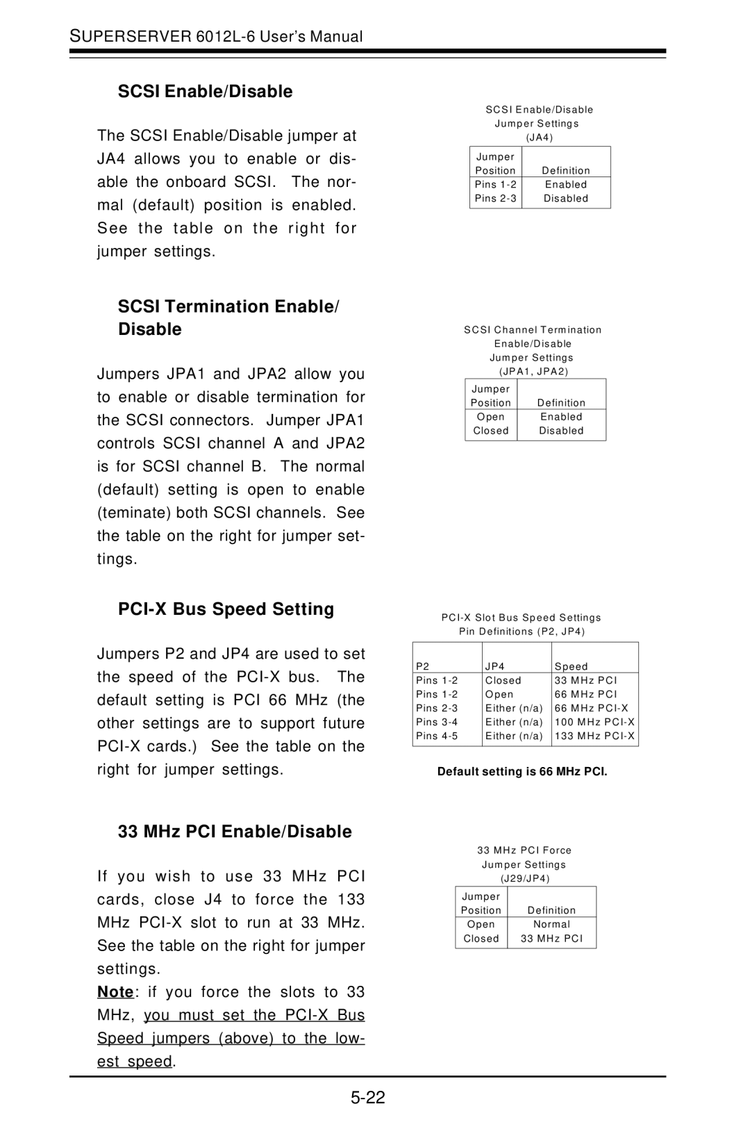 SUPER MICRO Computer 6012L-6 user manual Scsi Enable/Disable, Scsi Termination Enable/ Disable, PCI-X Bus Speed Setting 