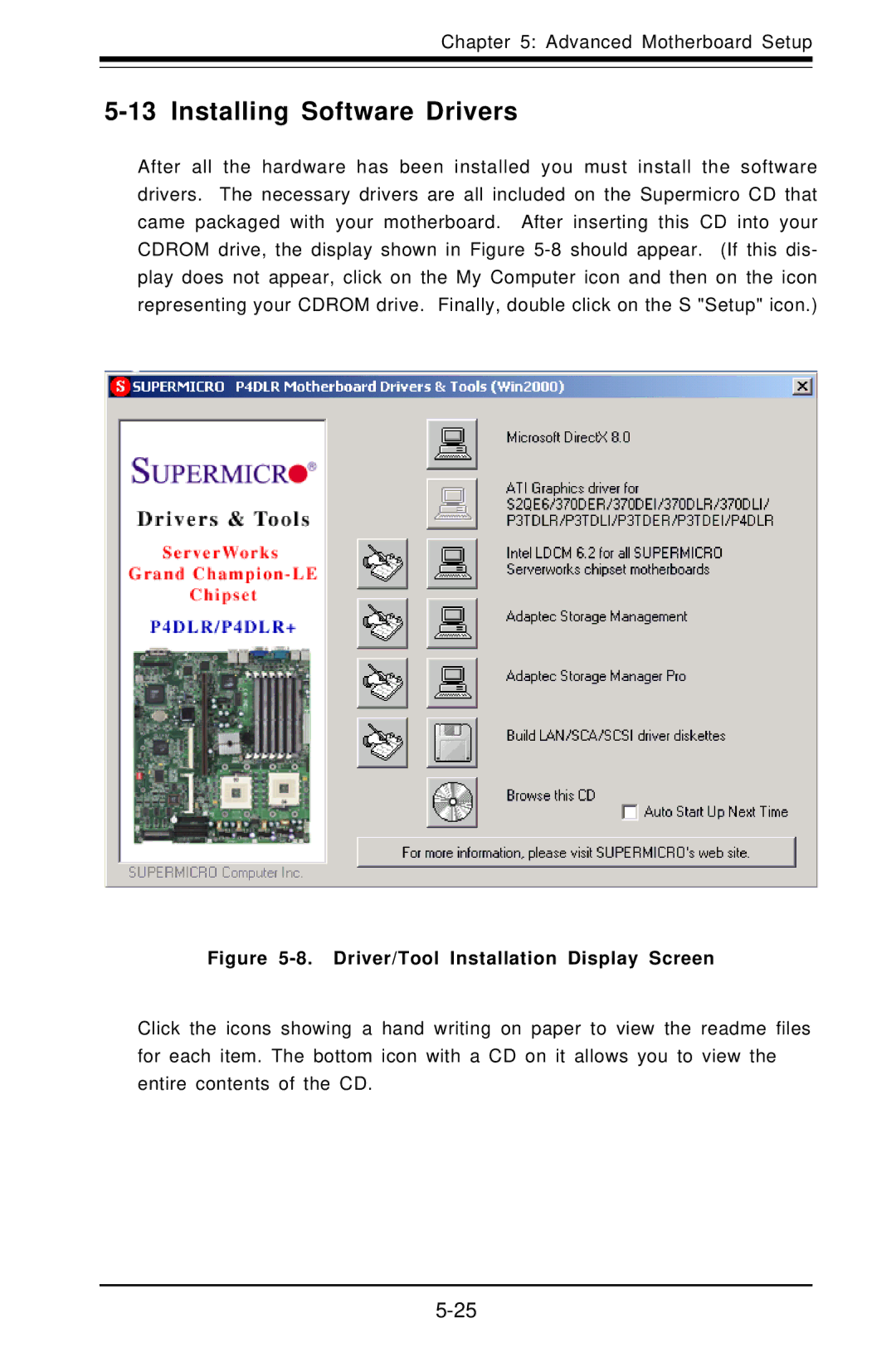 SUPER MICRO Computer 6012L-6 user manual Installing Software Drivers, Driver/Tool Installation Display Screen 