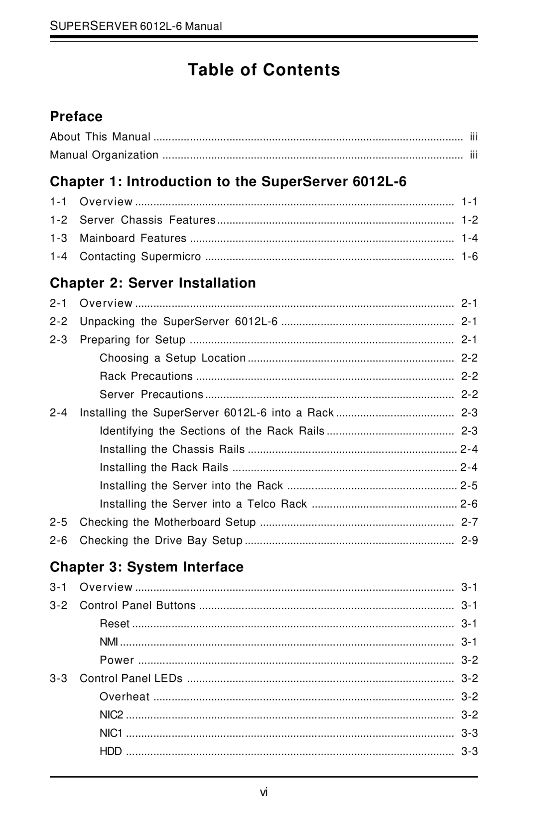 SUPER MICRO Computer 6012L-6 user manual Table of Contents 