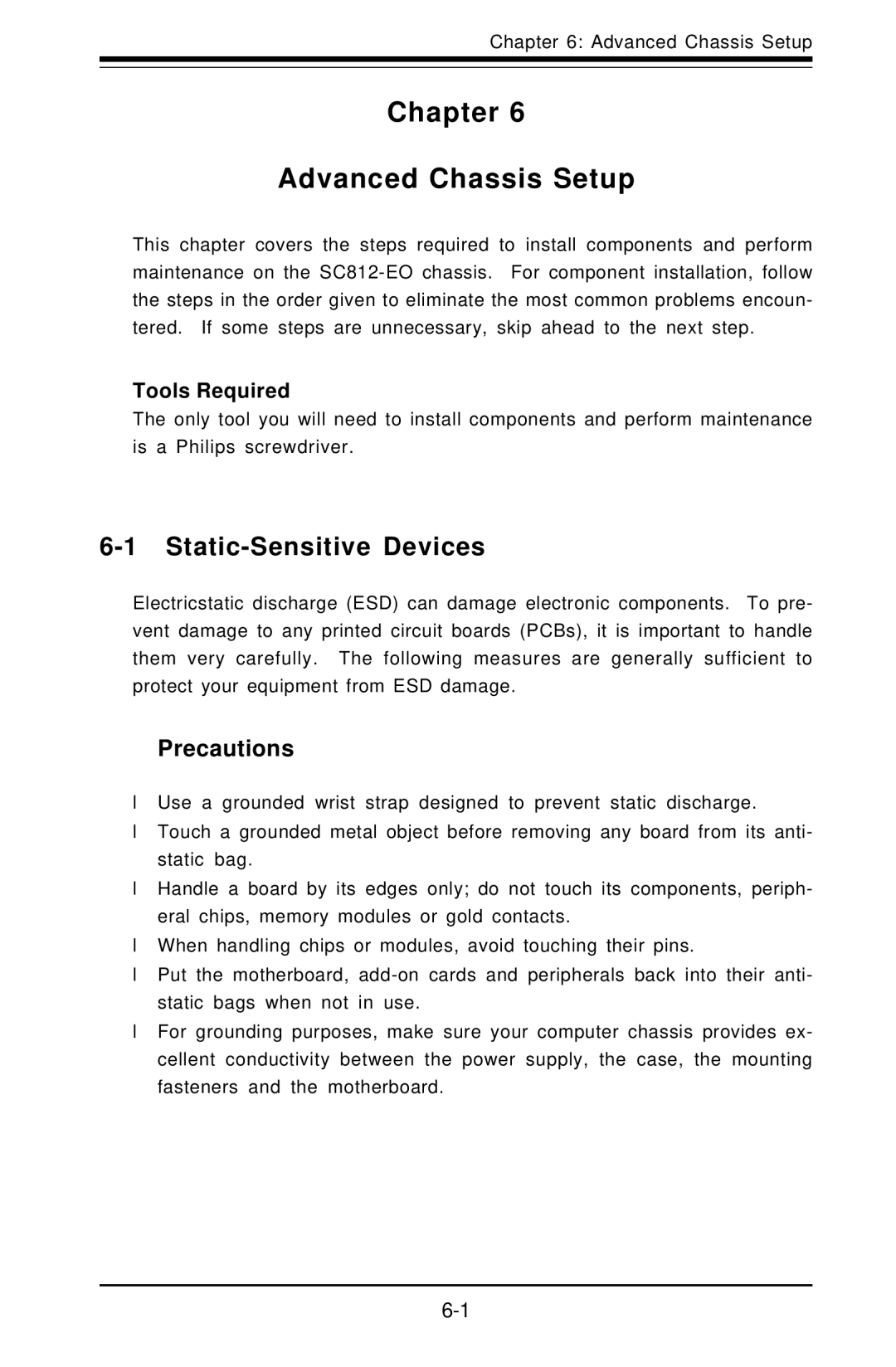 SUPER MICRO Computer 6012L-6 user manual Chapter Advanced Chassis Setup, Static-Sensitive Devices, Tools Required 