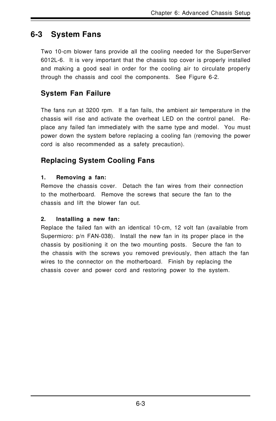 SUPER MICRO Computer 6012L-6 user manual System Fans, System Fan Failure, Replacing System Cooling Fans, Removing a fan 