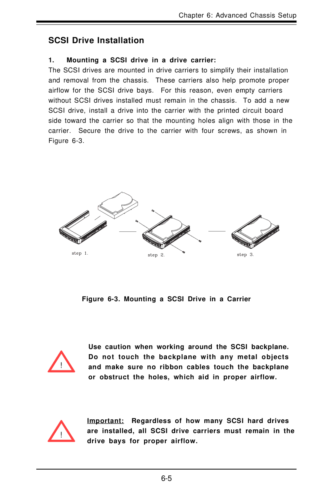 SUPER MICRO Computer 6012L-6 user manual Scsi Drive Installation, Mounting a Scsi drive in a drive carrier 