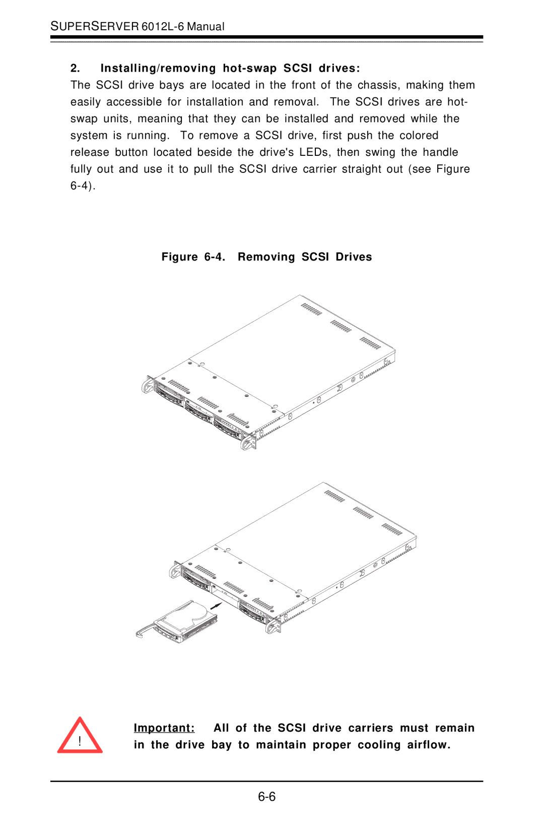 SUPER MICRO Computer 6012L-6 user manual Installing/removing hot-swap Scsi drives 