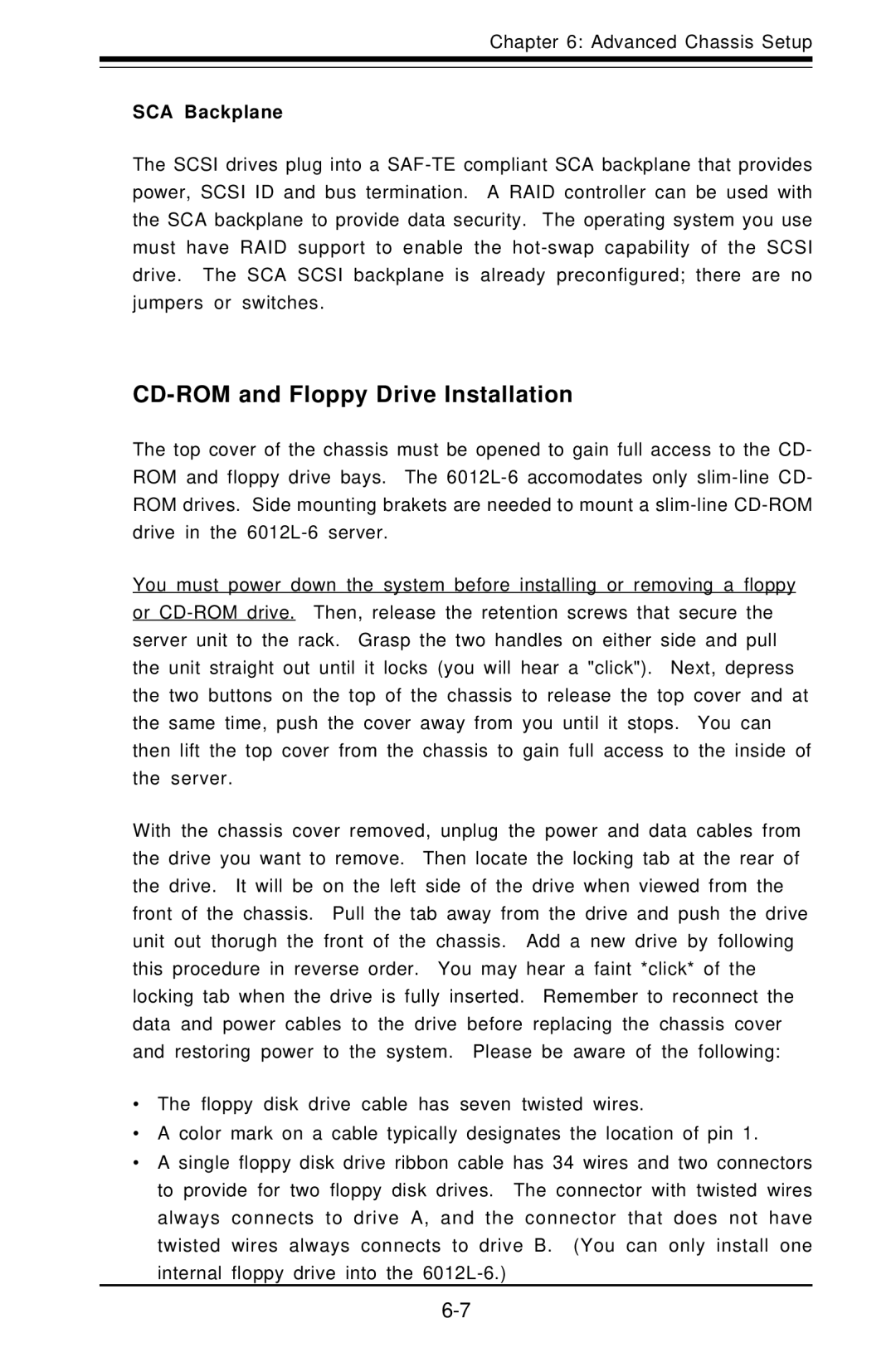 SUPER MICRO Computer 6012L-6 user manual CD-ROM and Floppy Drive Installation, SCA Backplane 