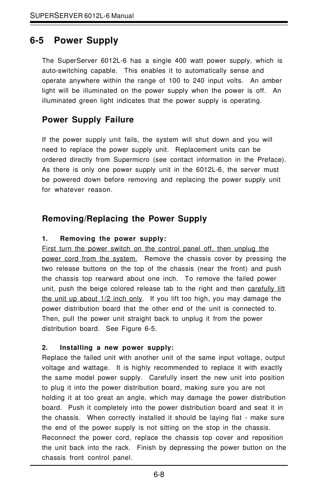 SUPER MICRO Computer 6012L-6 Power Supply Failure, Removing/Replacing the Power Supply, Removing the power supply 