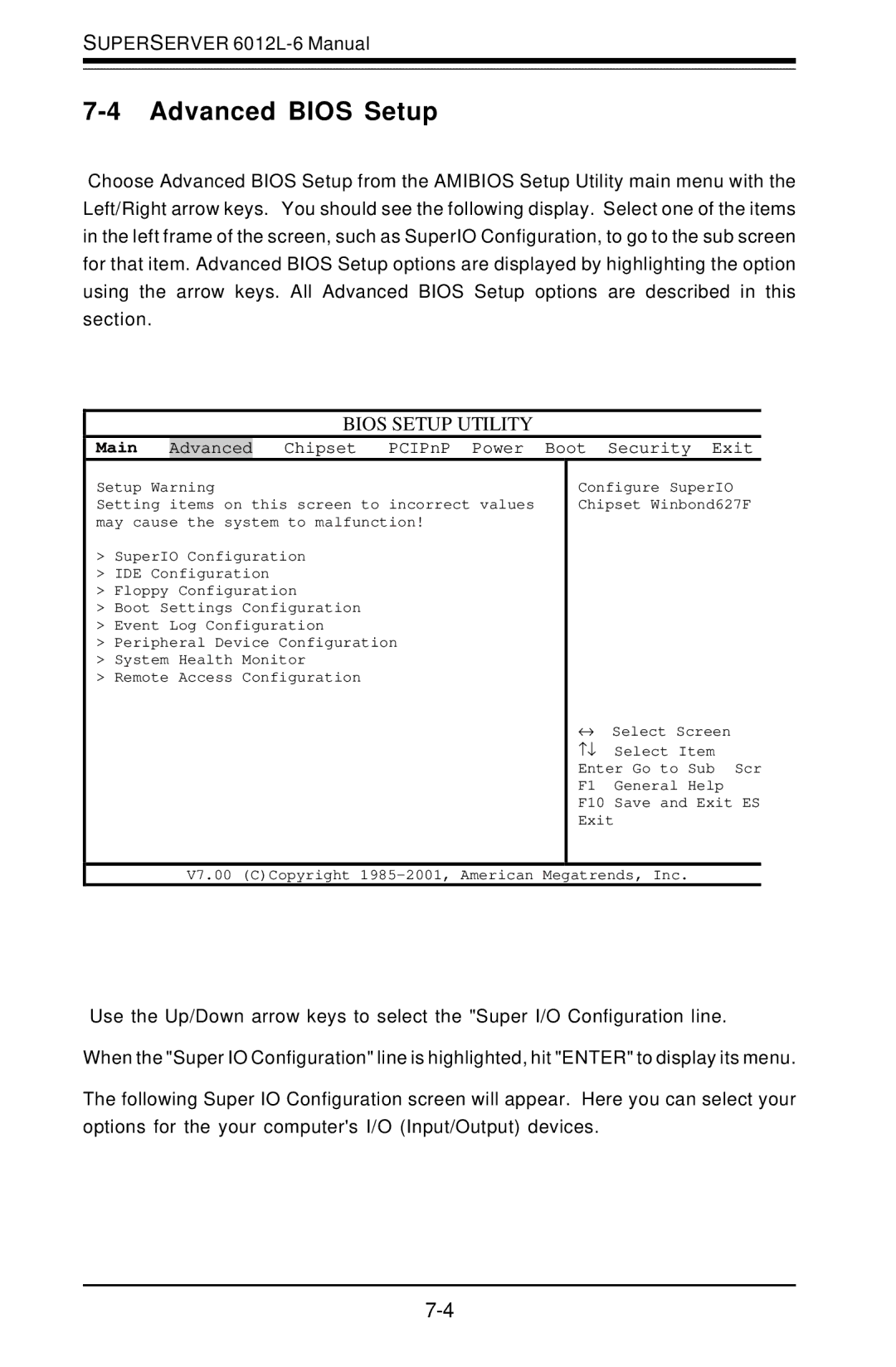 SUPER MICRO Computer 6012L-6 user manual Advanced Bios Setup, Main 