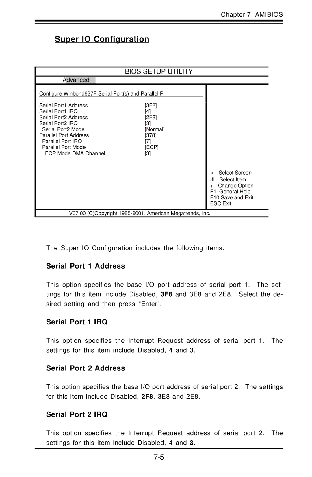 SUPER MICRO Computer 6012L-6 Super IO Configuration, Serial Port 1 Address, Serial Port 1 IRQ, Serial Port 2 Address 