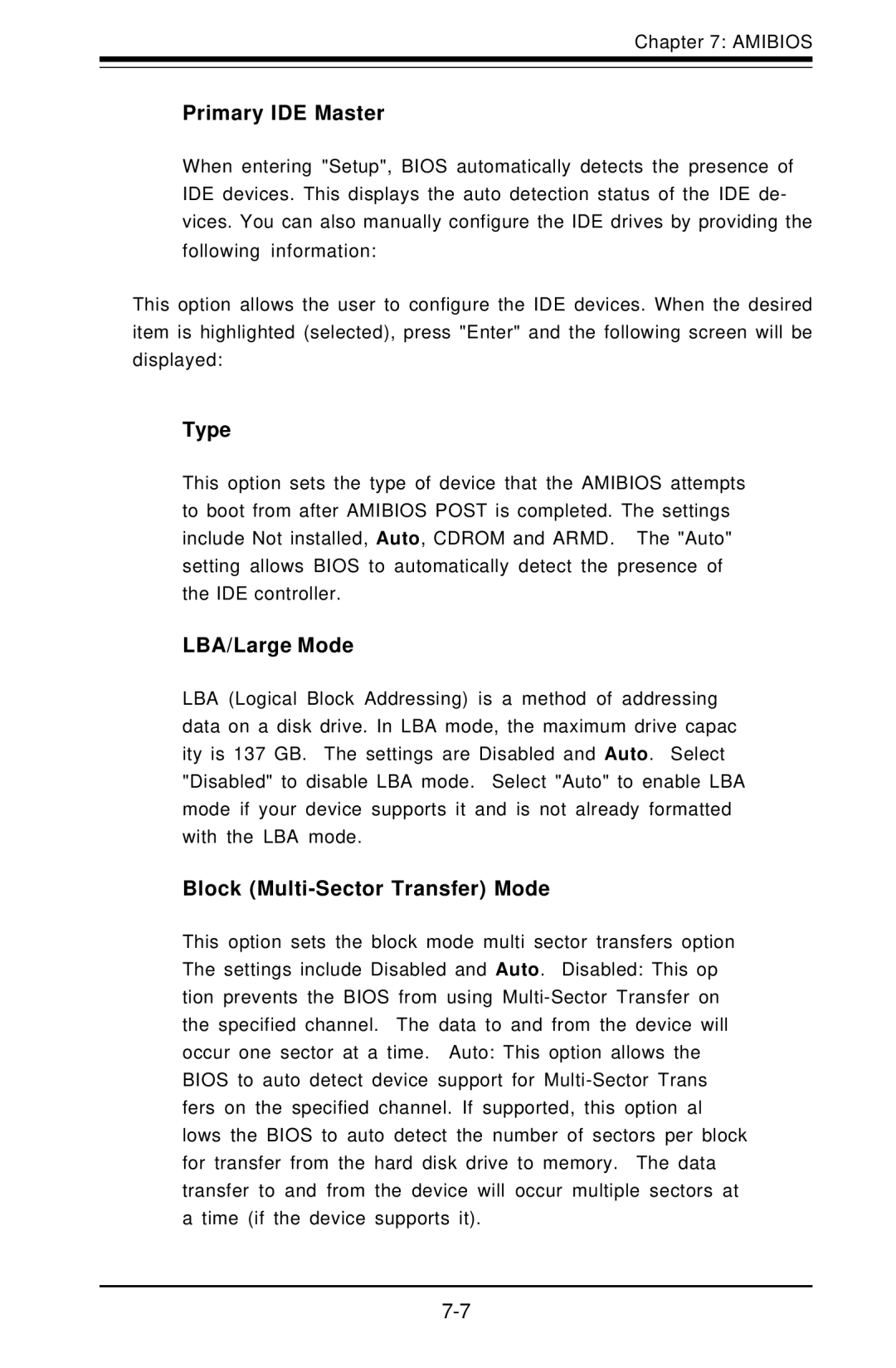 SUPER MICRO Computer 6012L-6 user manual Primary IDE Master, Type, LBA/Large Mode, Block Multi-Sector Transfer Mode 