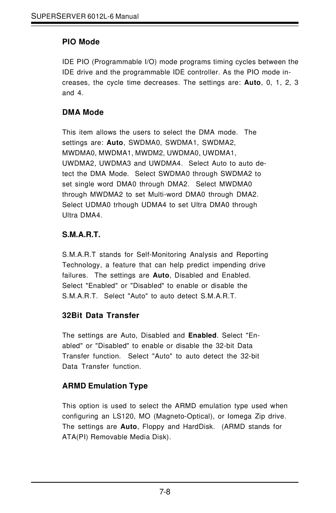 SUPER MICRO Computer 6012L-6 user manual PIO Mode, DMA Mode, A.R.T, 32Bit Data Transfer, Armd Emulation Type 