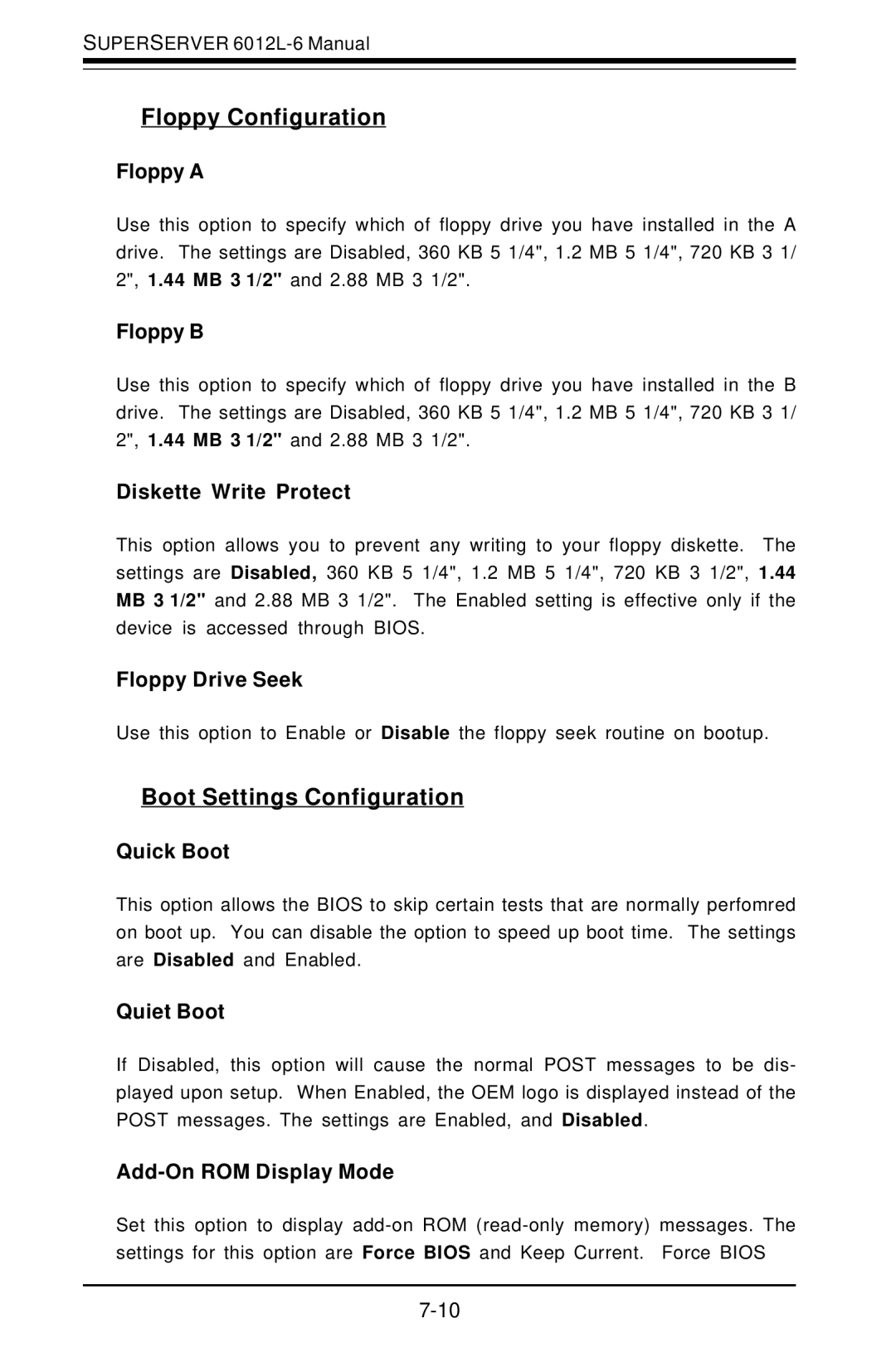 SUPER MICRO Computer 6012L-6 user manual Floppy Configuration, Boot Settings Configuration 