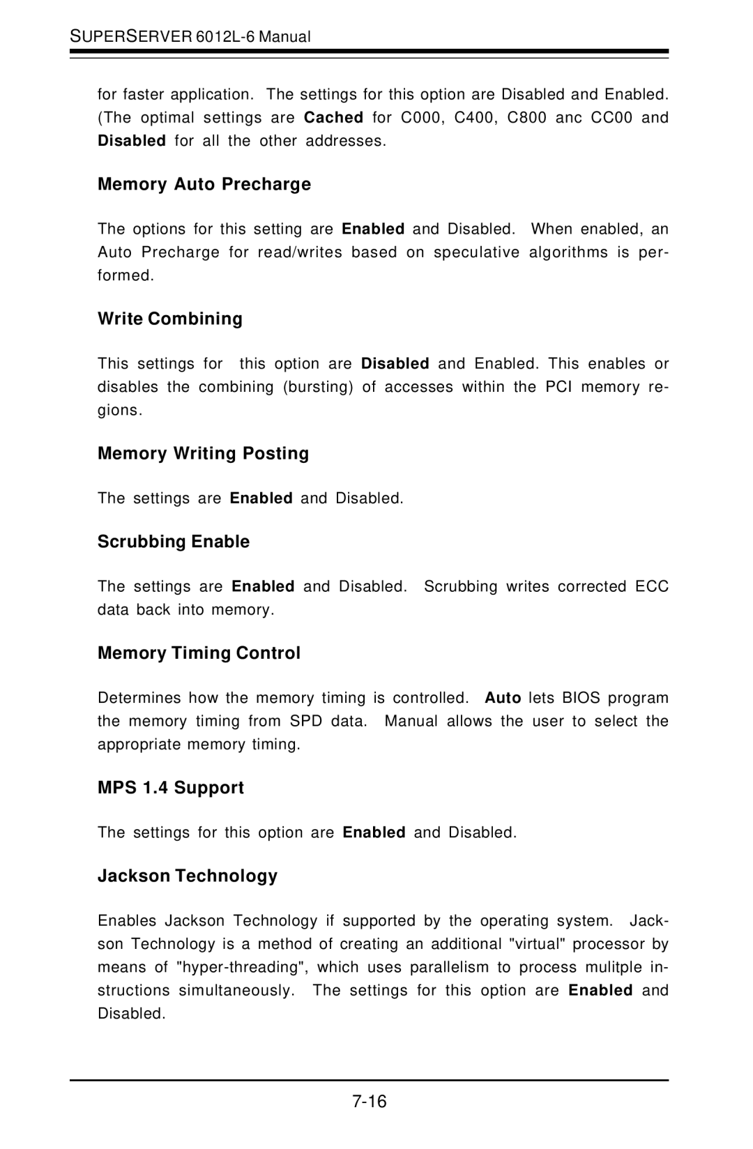 SUPER MICRO Computer 6012L-6 user manual Memory Auto Precharge, Write Combining, Memory Writing Posting, Scrubbing Enable 