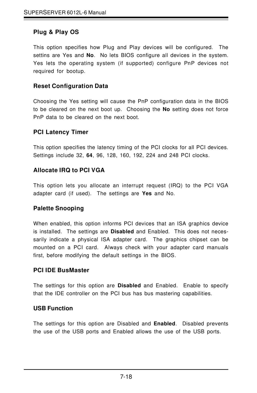 SUPER MICRO Computer 6012L-6 Plug & Play OS, Reset Configuration Data, PCI Latency Timer, Allocate IRQ to PCI VGA 