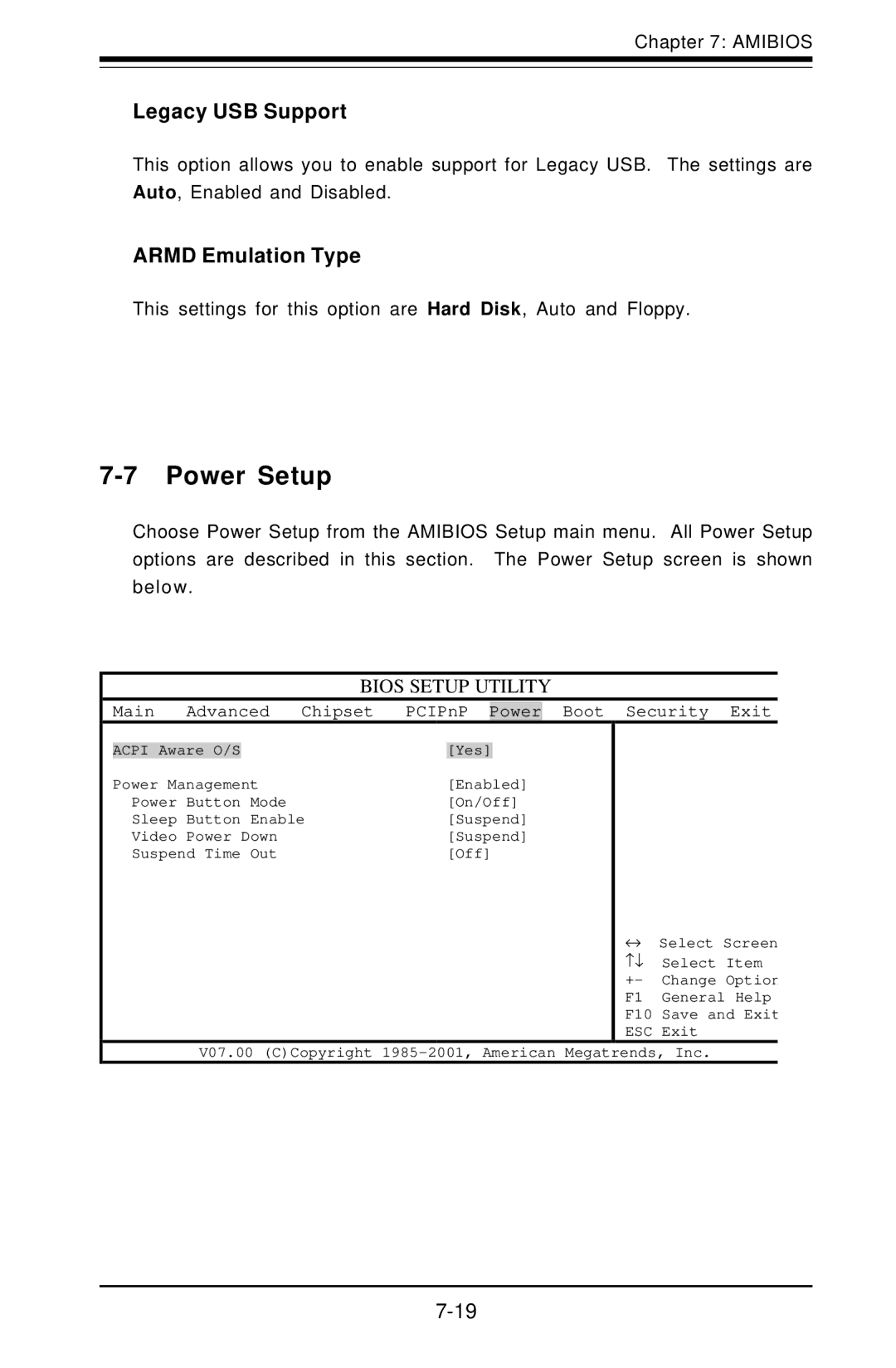 SUPER MICRO Computer 6012L-6 user manual Power Setup, Legacy USB Support 