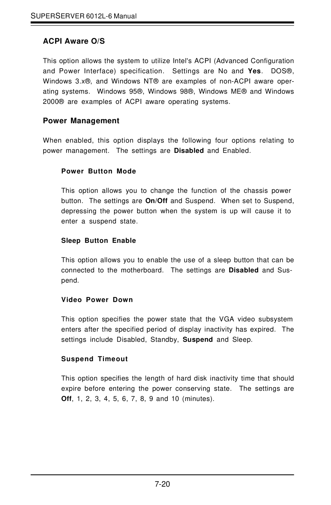 SUPER MICRO Computer 6012L-6 user manual Acpi Aware O/S, Power Management 