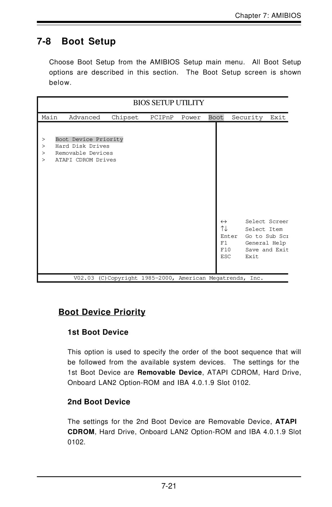 SUPER MICRO Computer 6012L-6 user manual Boot Setup, Boot Device Priority, 1st Boot Device, 2nd Boot Device 