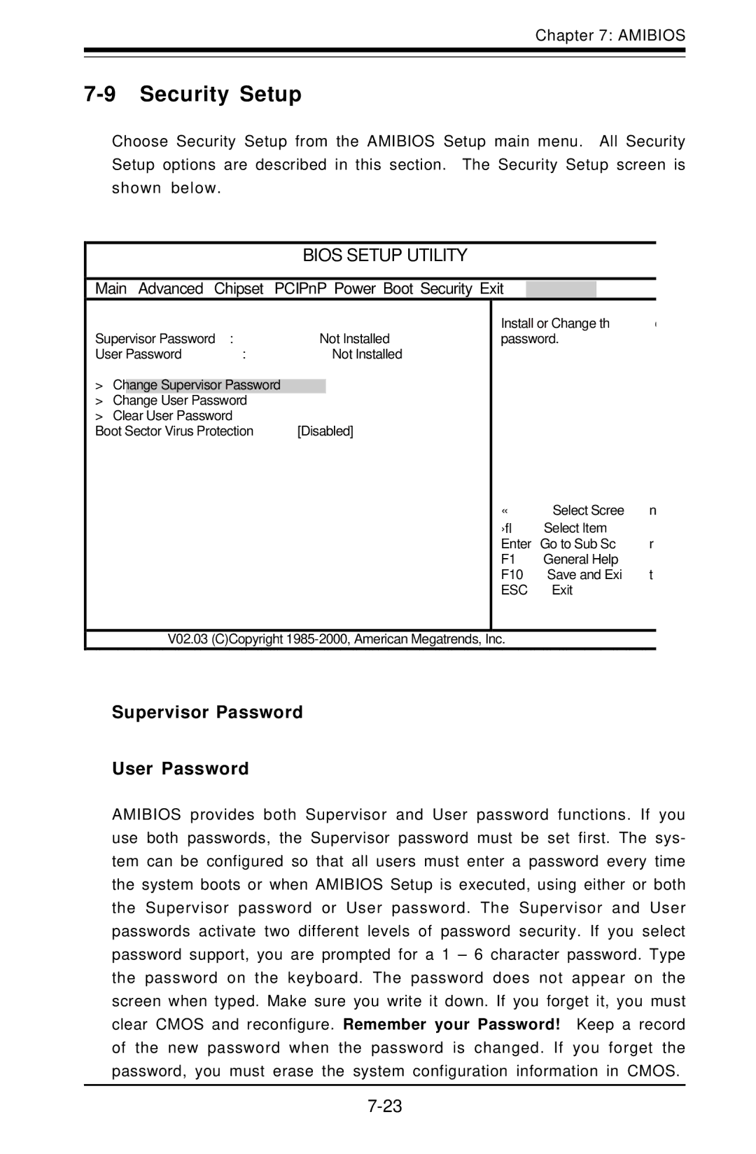 SUPER MICRO Computer 6012L-6 user manual Security Setup, Supervisor Password User Password 