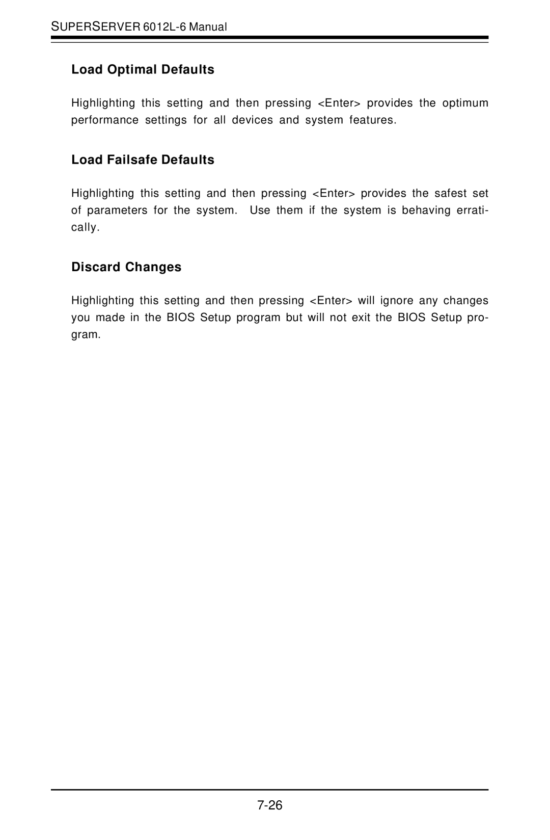 SUPER MICRO Computer 6012L-6 user manual Load Optimal Defaults, Load Failsafe Defaults, Discard Changes 