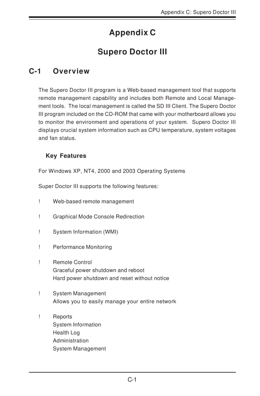 SUPER MICRO Computer 6012P-6 user manual Appendix C Supero Doctor, Key Features 