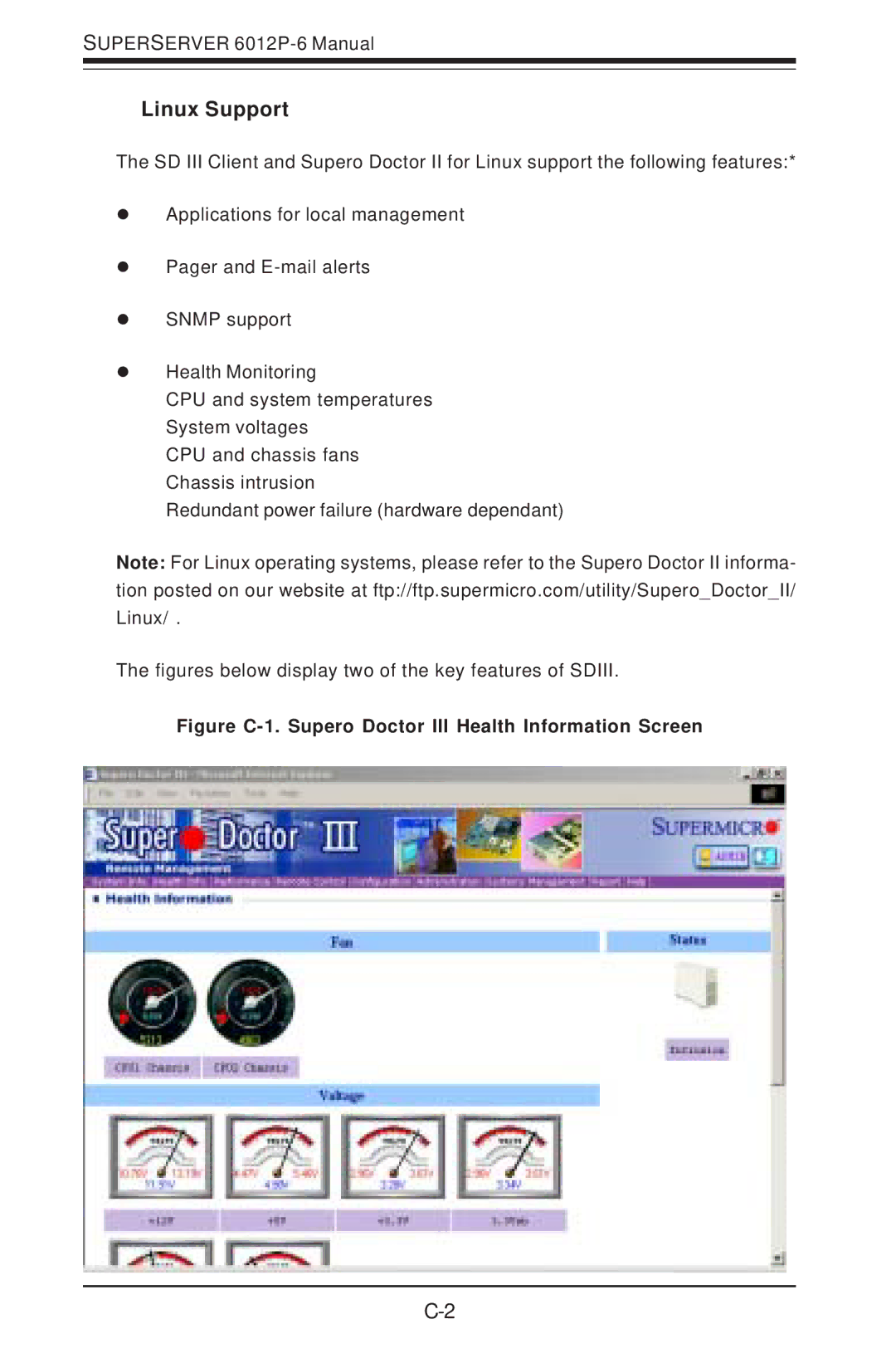 SUPER MICRO Computer 6012P-6 user manual Linux Support, Figure C-1. Supero Doctor III Health Information Screen 